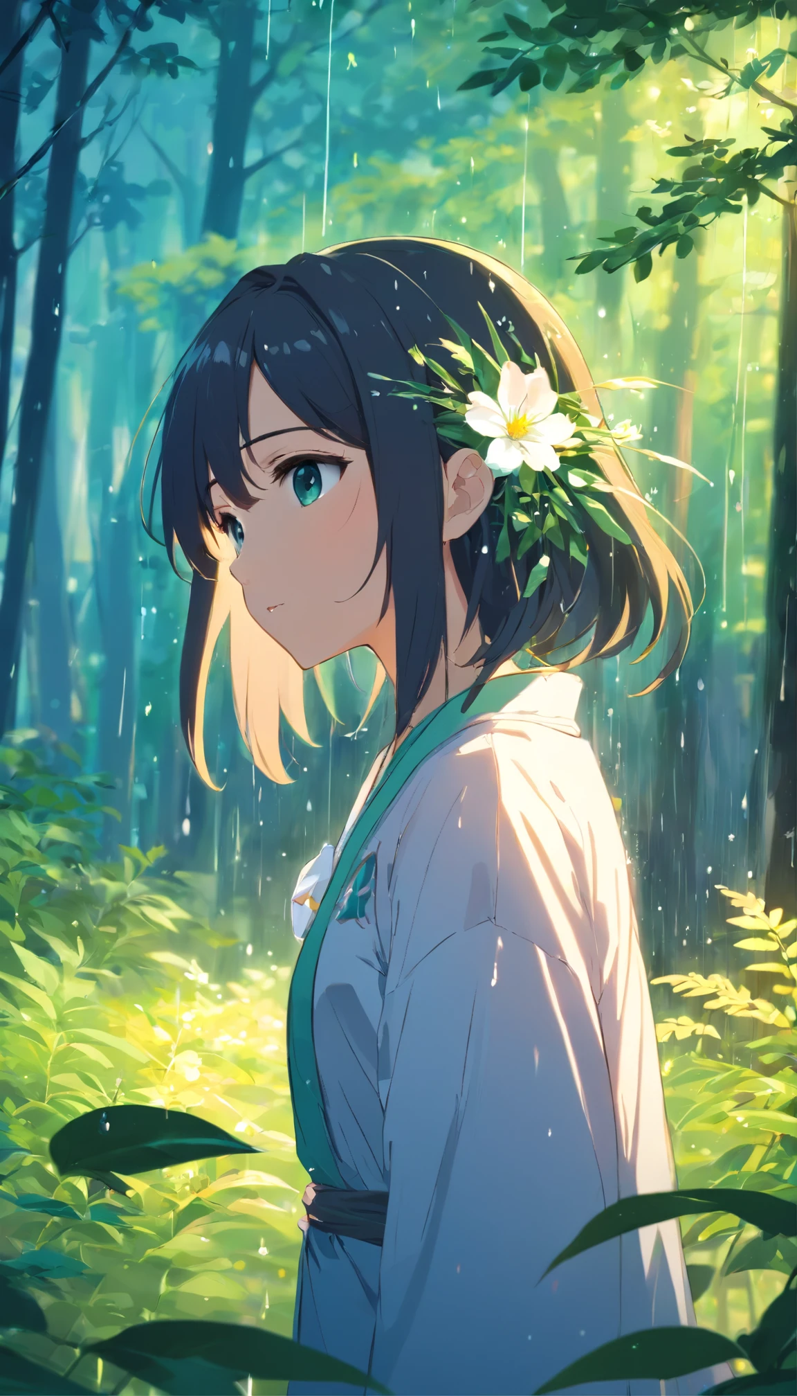 anime girl with long hair and flower in her hair, Beautiful anime artwork, style of anime4 K, Anime art wallpaper 4k,Rainy days,the woods,Rain drops,sideface