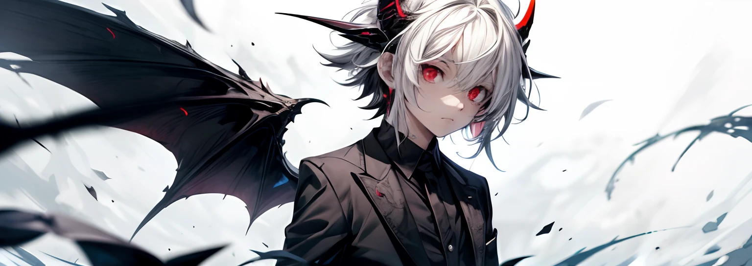 , 1demon,boy, With small wings on its back, white wings, long ears, messy hair, albino red eyes, black suit, black hair, multicolored hair, white hair