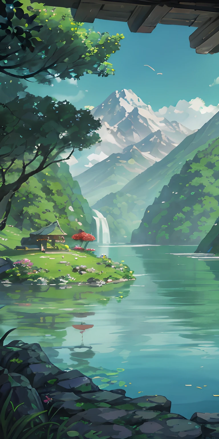 Chinese ancient times, spring, jungle, lake, cave, waterfall, tree, meadow, rock, deer, hot spring, water vapor, (illustration: 1.0), epic composition, realistic lighting, HD details, masterpiece, best quality, (very detailed CG unified 8k wallpaper)