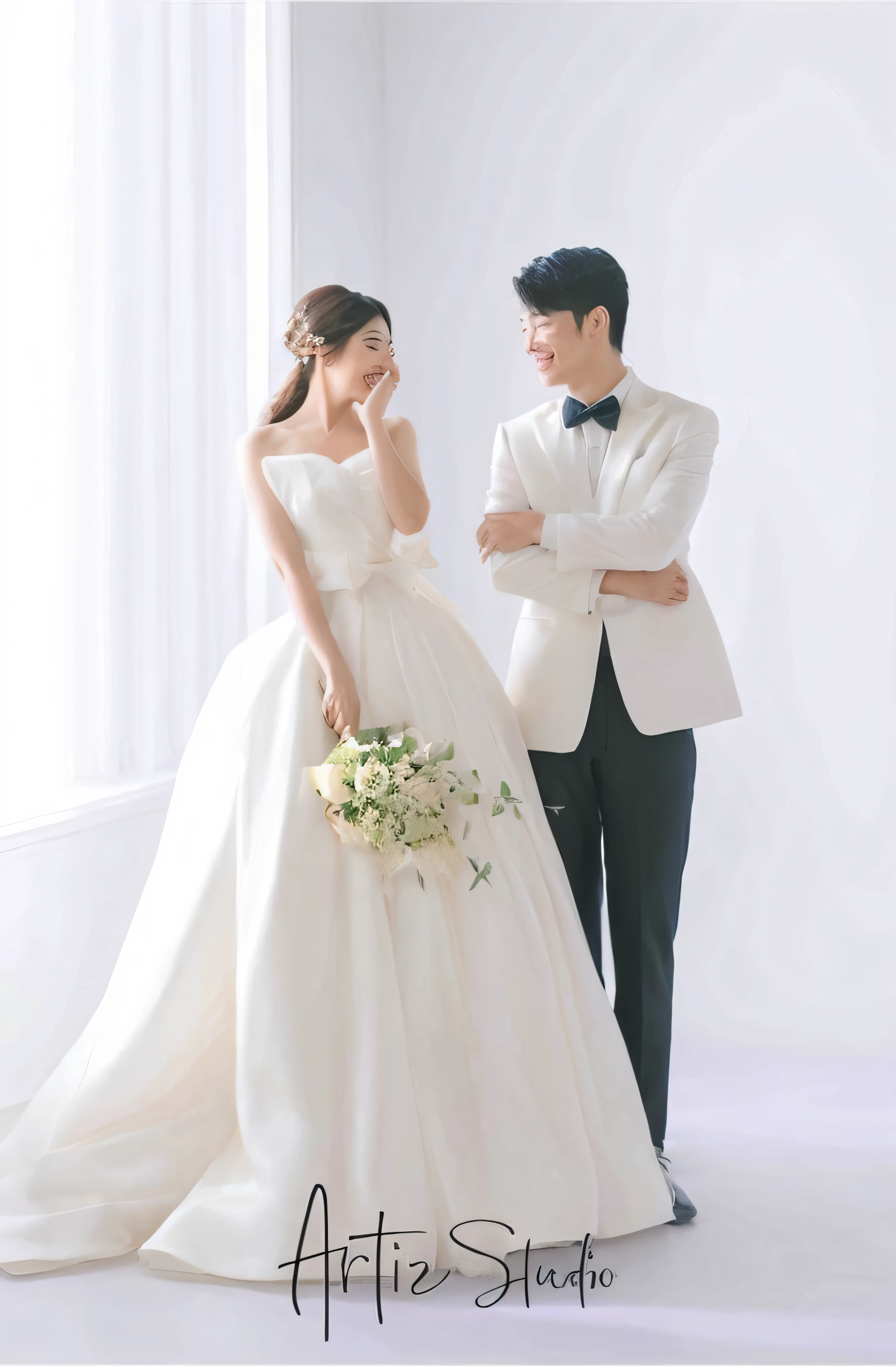 a man and woman in white wedding attire standing next to each other, wedding photo, lovely couple, in front of white back drop, beautiful and elegant, ad image, ji-min, bride and groom, with backdrop of natural light, happy couple, with, jinyoung shin, wedding, photoshoot, yan, 165 cm tall, with white