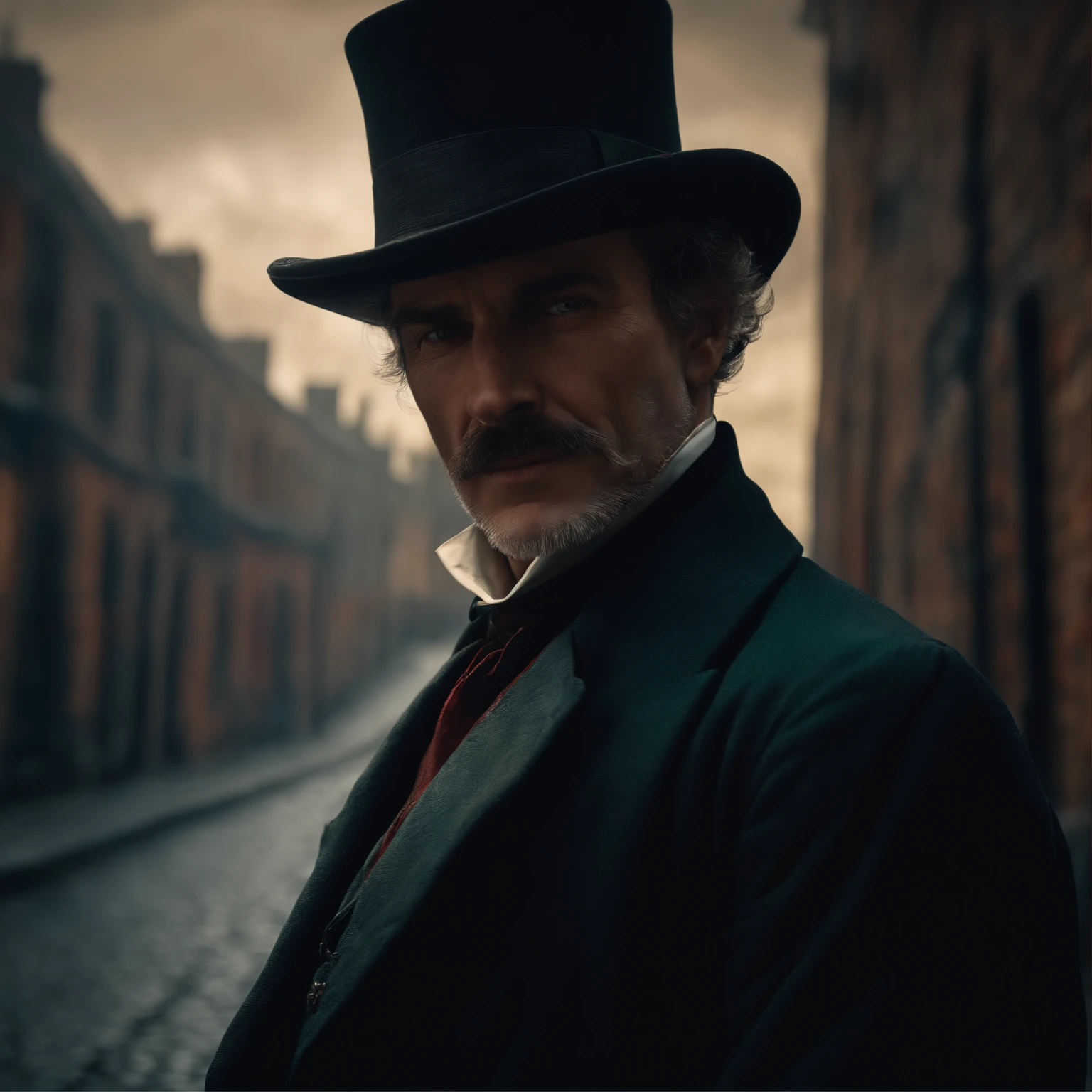 realistic 8k image of Jack the Ripper, wearing a hat that covers his eyes and making direct eye contact with the viewer