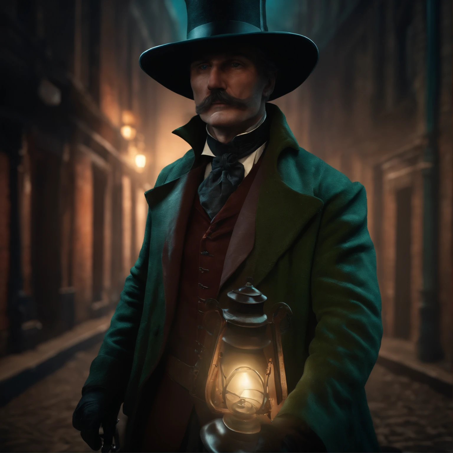 realistic 8k image of Jack the Ripper, wearing a hat that covers his eyes and making direct eye contact with the viewer