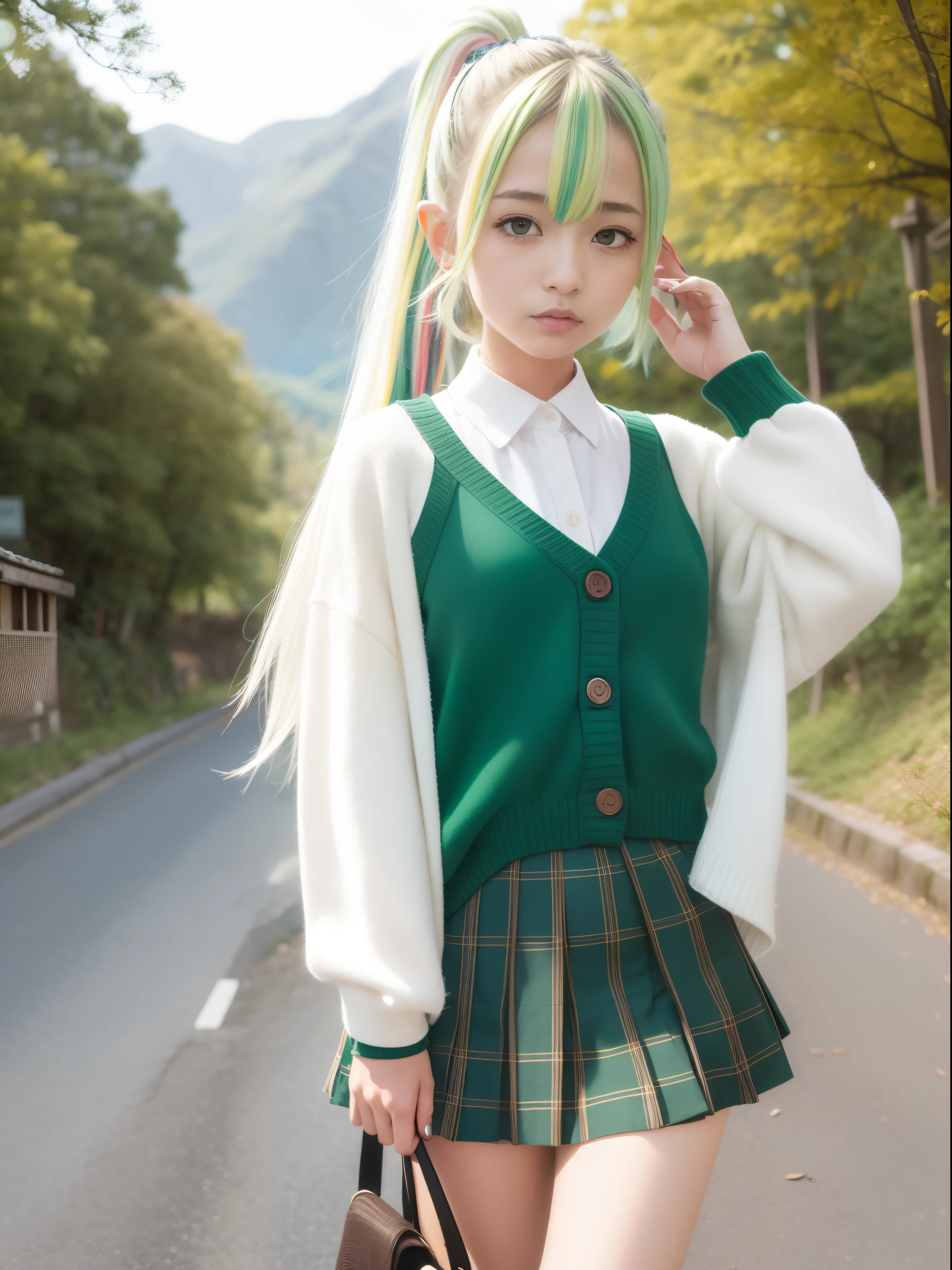 masutepiece , Best Quality,Nahida(GenshinImpact) ,1girl in , tiny chest,Long hair ,Side Ponytail, Hair Ornament , White hair , Green hair , hand behind head:1.5,multicolored hair, elf , pointy ear , School uniform , Skirt ,Cardigan,mountain road , Street,looking at the viewers