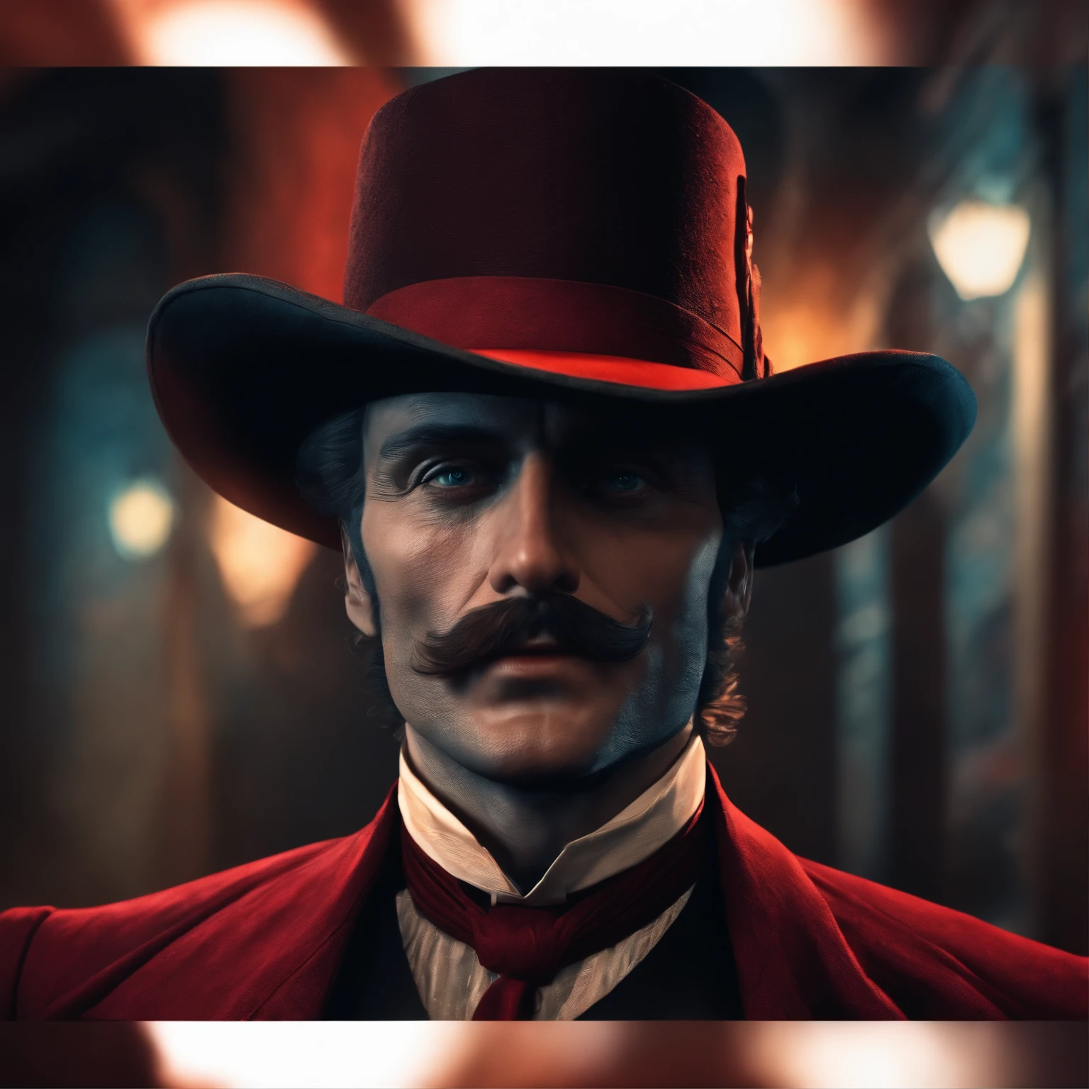 realistic 8k image of Jack the Ripper, wearing a hat that covers his eyes and making direct eye contact with the viewer