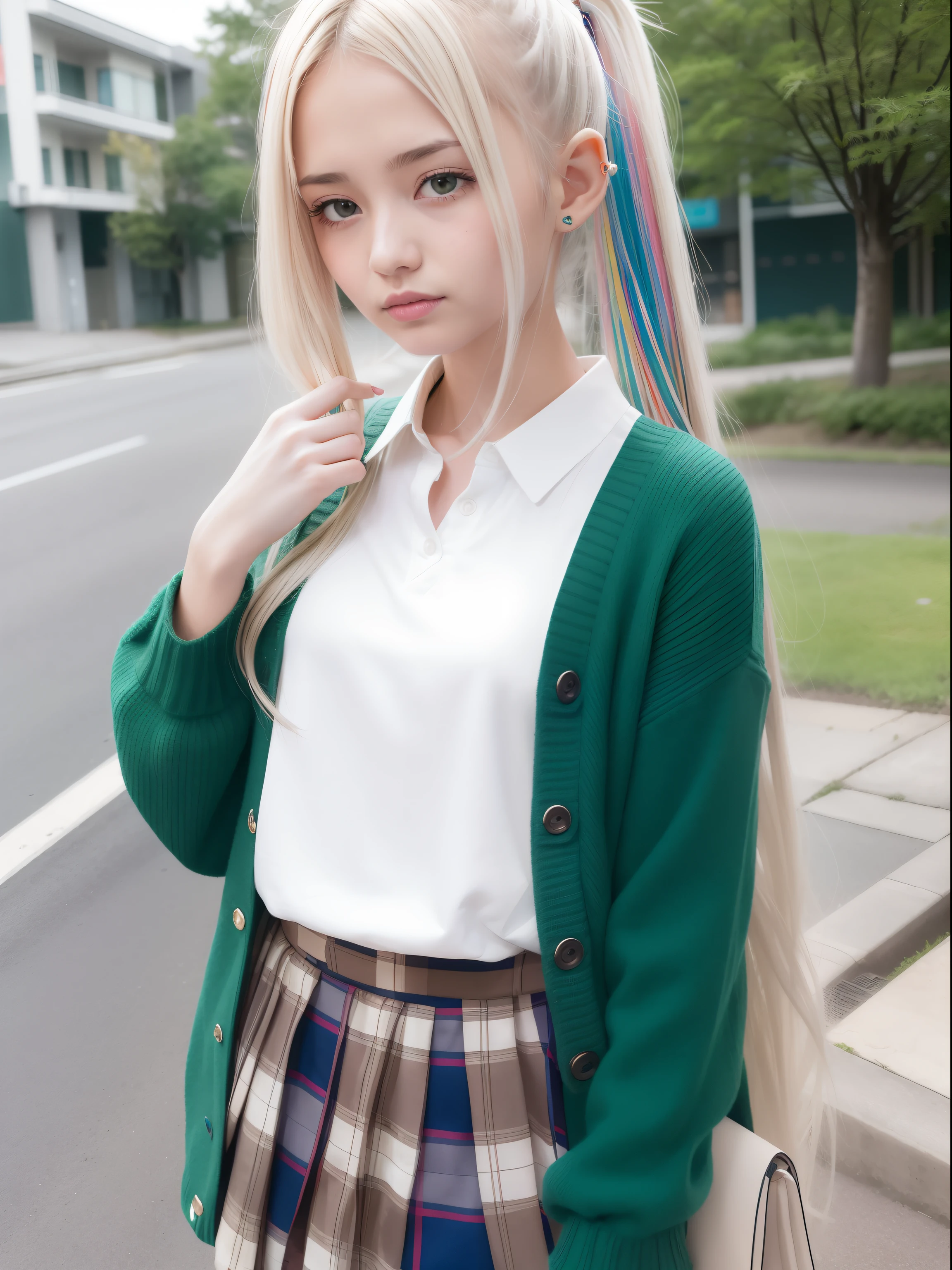 a 18 year old girl,masutepiece , Best Quality,Nahida(GenshinImpact) ,1girl in , tiny chest,Long hair ,Side Ponytail, Hair Ornament , White hair , Green hair , hand behind head:1.5,multicolored hair, elf , pointy ear , School uniform , Skirt ,Cardigan,mountain road , Street,looking at the viewers