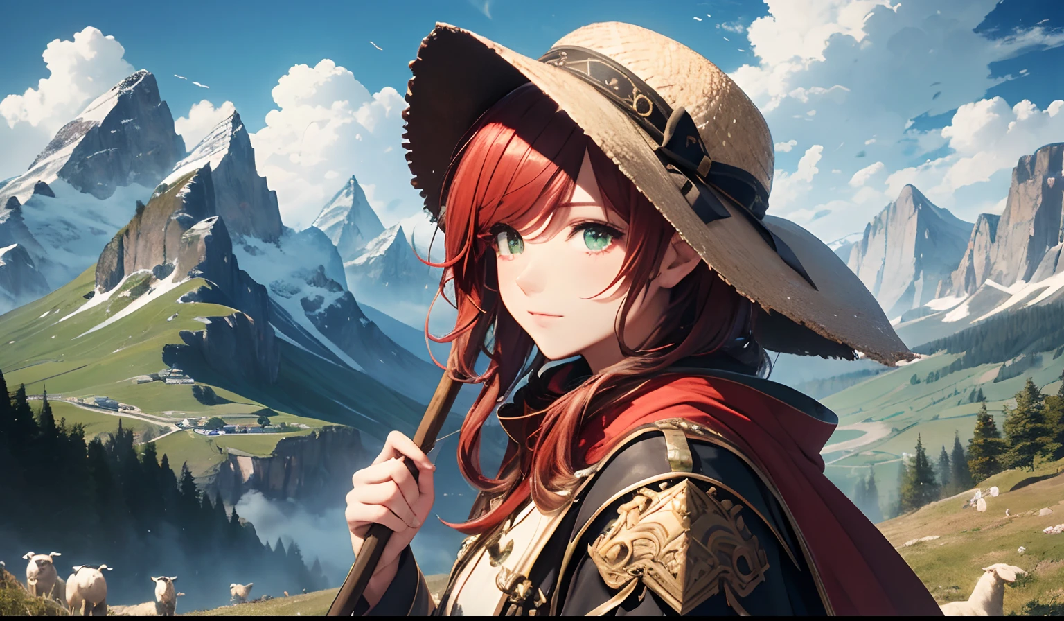 Ultra HD, (fidelity: 1.2), eula \(GenshinImpact\), High quality, Film Light, Extremely detailed, Illustration, Boy, Detailed face, Detailed eyes, Green eyes, Red hair, Hair over one eye, Wearing a three-layer cloak, Emphasis on dense fabrics, Red buttons, Standing, Right Hand Held Staff, Countryside with sheep, Mountains in the background, Summer sky, Large clouds,