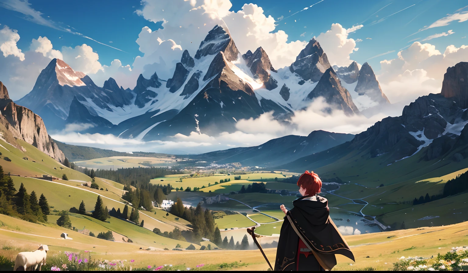 Ultra HD, (fidelity: 1.2), eula \(GenshinImpact\), High quality, Film Light, Extremely detailed, Illustration, Boy, Detailed face, Detailed eyes, Green eyes, Red hair, Hair over one eye, Wearing a three-layer cloak, Emphasis on dense fabrics, Red buttons, Standing, Right Hand Held Staff, Countryside with sheep, Mountains in the background, Summer sky, Large clouds,