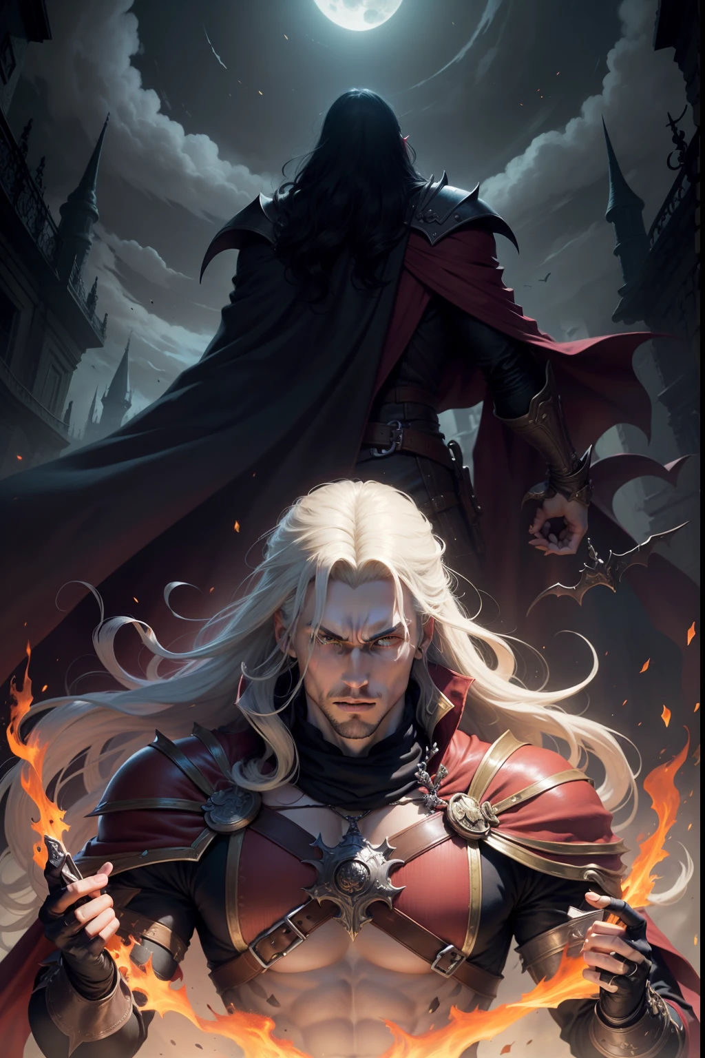 pintura de um homem musculoso ombros largos, cabelos brancos e longos, pale skinned, olhos claros, em um manto preto a gola branca segurando uma espada longa, Castelvânia, Alucard, Castlevania Sotn, Castlevania, Boris Valejo. Octopath Viajante, vampire hunter d, Castlevania Inspirado, Bastien Yoshitaka Amano, O vampiro, Sephirot