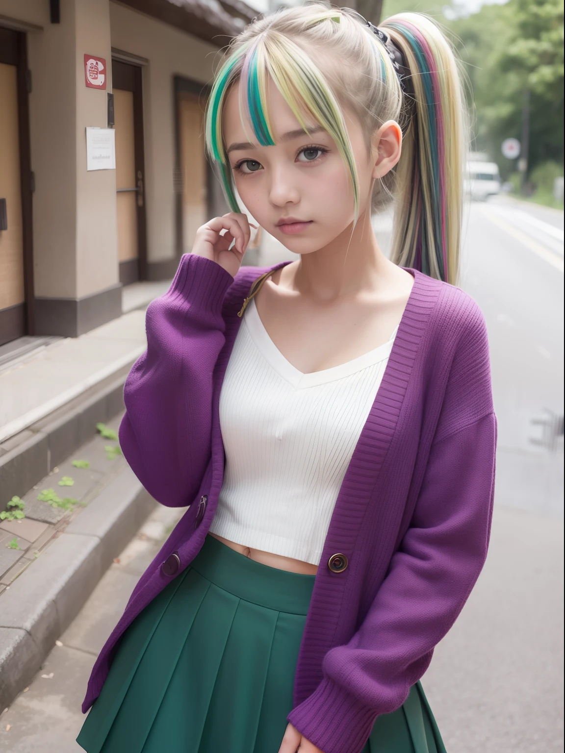 a 18 year old girl,masutepiece , Best Quality,Nahida(GenshinImpact) ,1girl in , tiny chest,Long hair ,Side Ponytail, Hair Ornament , White hair , Green hair , hand behind head:1.5,multicolored hair, elf , pointy ear , School uniform , Skirt ,Cardigan,mountain road , Street,looking at the viewers