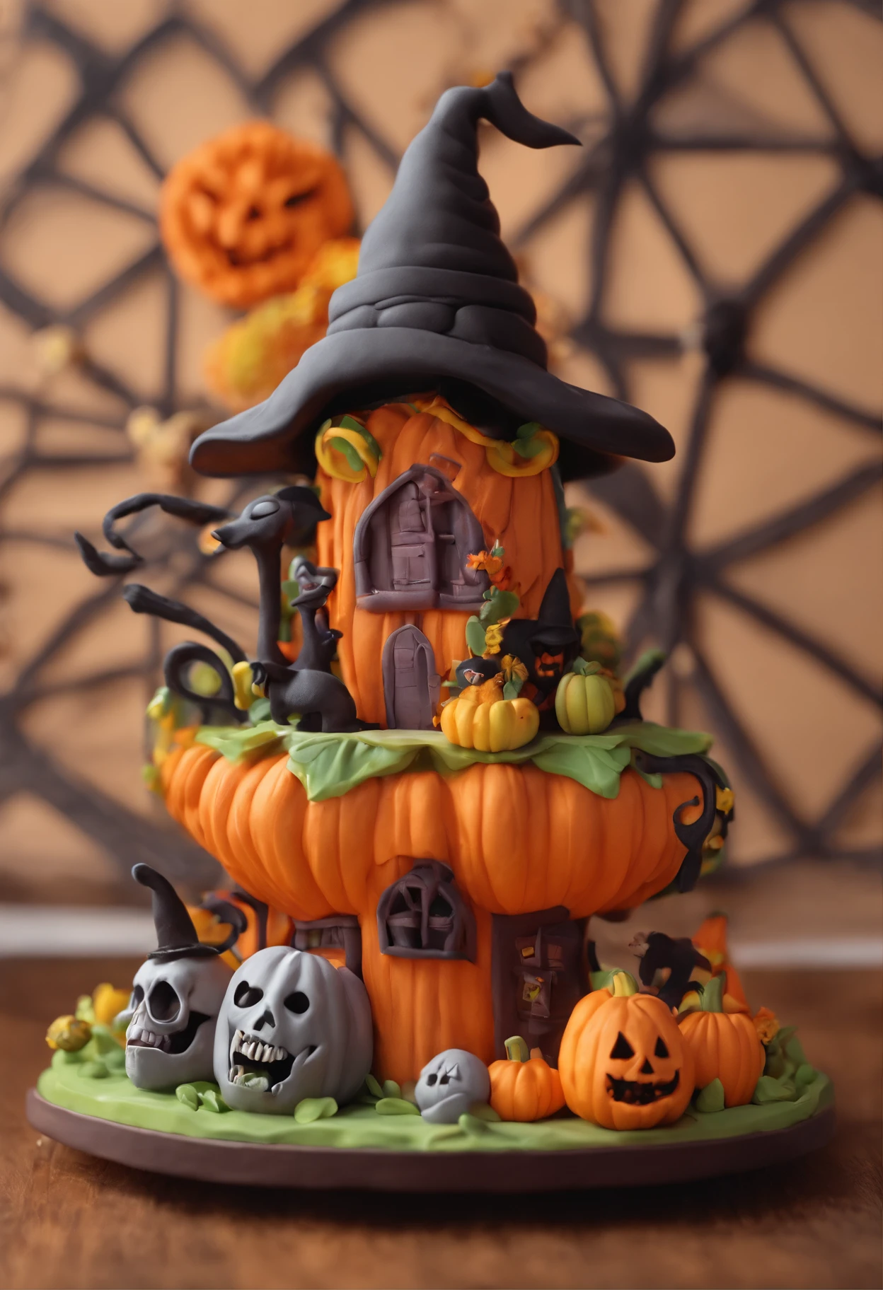 halloween themed sexy witch, cute pumpkin monsters, evil smile sunflower house gloria studio, clay material, cartoonish design style, pop mart, soft lighting, smooth lines, tilt-shift lenses, detailed science fiction illustrations, hyper-realistic details, warm color