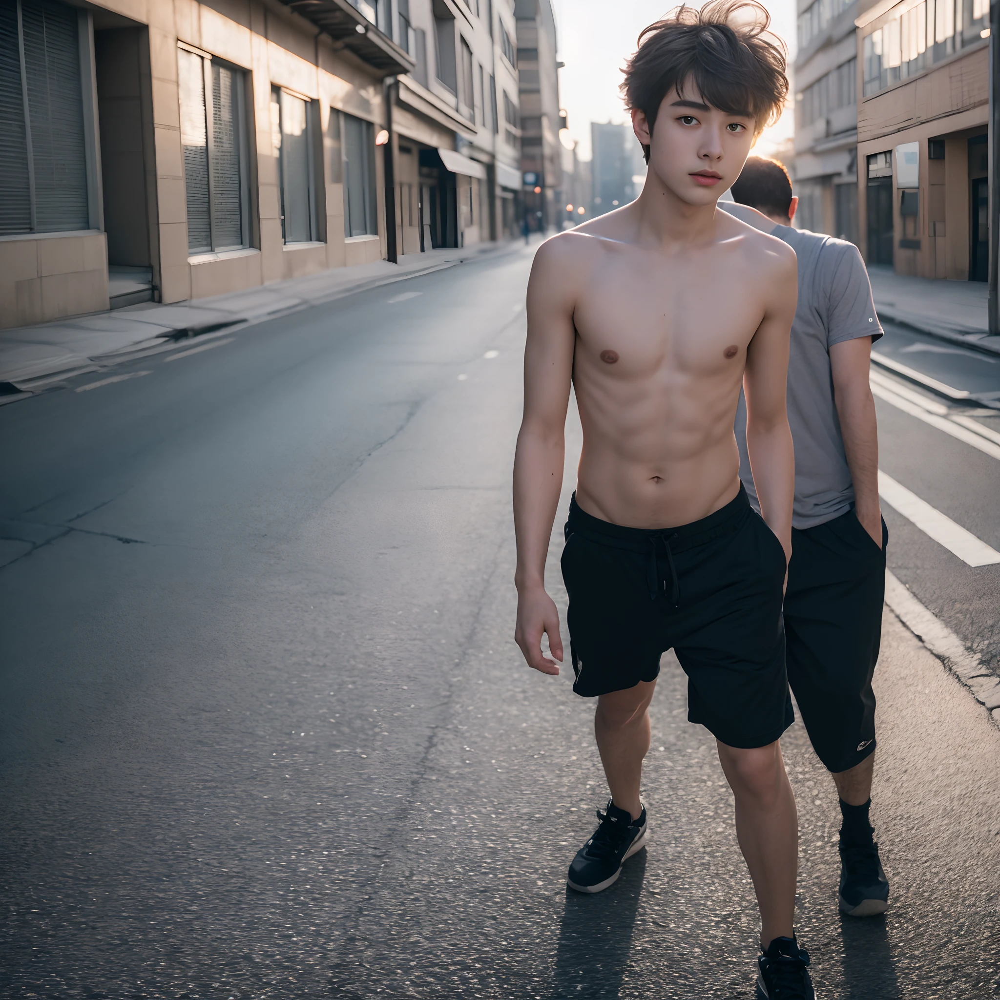 Raw photography, 1boy, Male Focus, Topless young man, hair messy, Looking at Viewer, in a street, Beautiful lighting, deepshadow, Best Quality, masutepiece, Ultra-high resolution, Photorealsitic, Blurry background