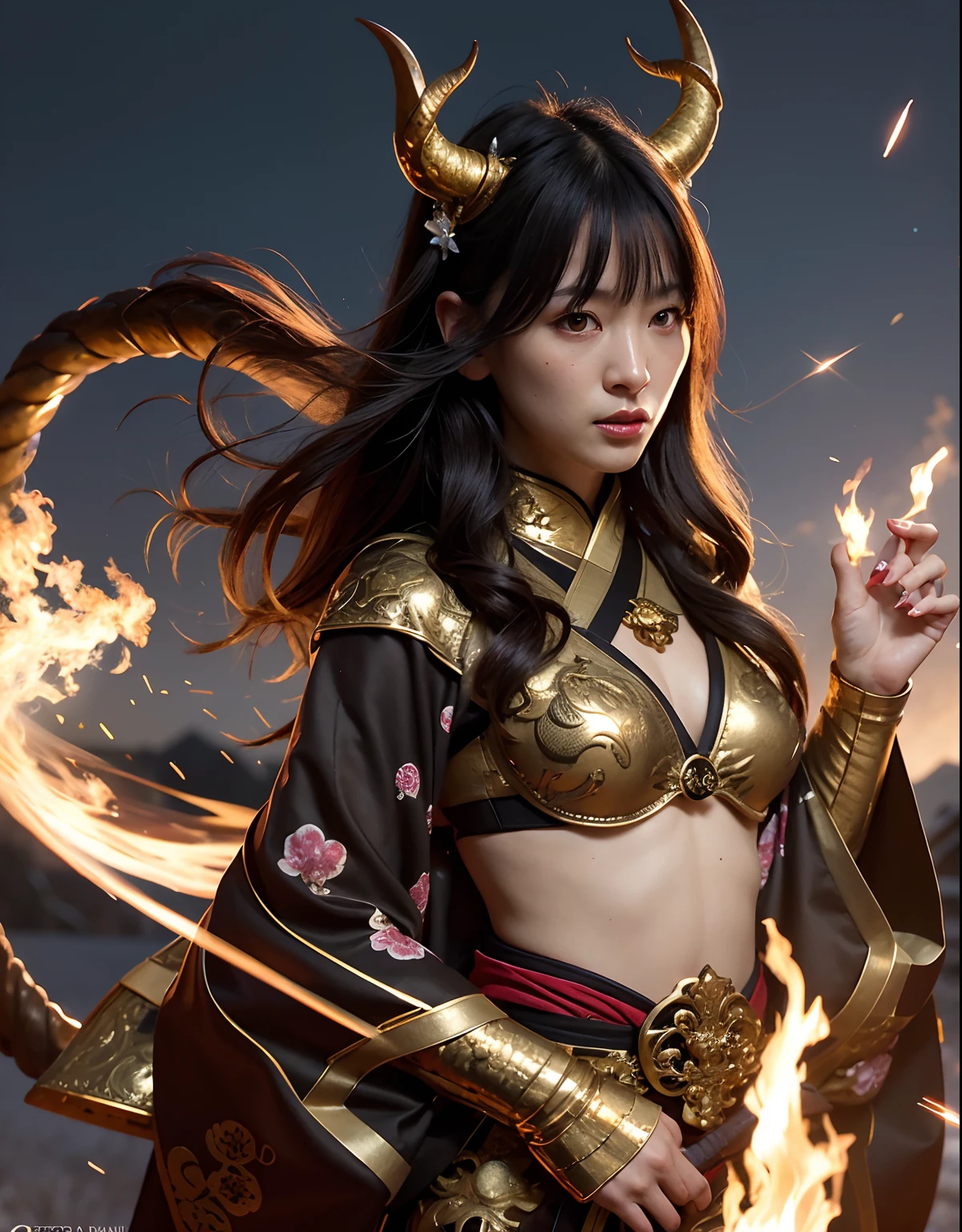 ((World of Darkness)),Professional , masterpiece、top-quality、photos realistic , depth of fields 、Dark Fantasy、()、(shooting stars:0.9)、(nebulas:1.3)、A dark-haired、(White bikini armor)、(Mystical expression)、(The fox has five tails)((Fight dragons)),(Wear a beautiful kimono),(Wear a beautiful kimono with colorful floral patterns)、Jewel Gold Weapon、Particles of light),(Has a devil's mask)、Gorgeous gold weapons ,(( Gorgeous Dragon Sword)) , (Fox Mask),,(maikurobikini) 、((Black Haired Beautiful Girl))、(Castle background)、(demonic wings)、((Gangle's forest background))、Beautiful Caucasian beauty、1a person、dynamic ungle,(((Two devil's horns on the head)))、Smaller head、Idle Smile、Thin and beautiful female hands、Mystical expression、Light Effects、intense fighting、Wind-effect、magic circles、With the legendary magic wand、Dragon's tail、