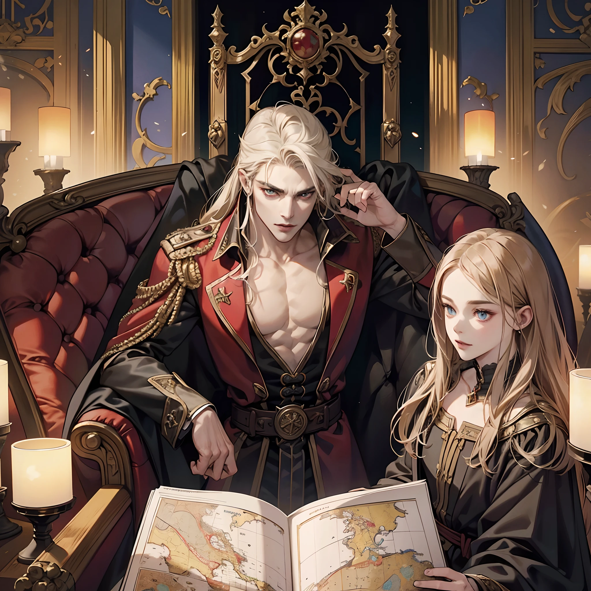 Castlevania Shadow Lord handsome muscular Lord Dracula in the throne room with his soldiers looking into Map of Conquest discussing hyper realistic super detailed faces of old cinematic scroll scenes movie Epic legendary perspective