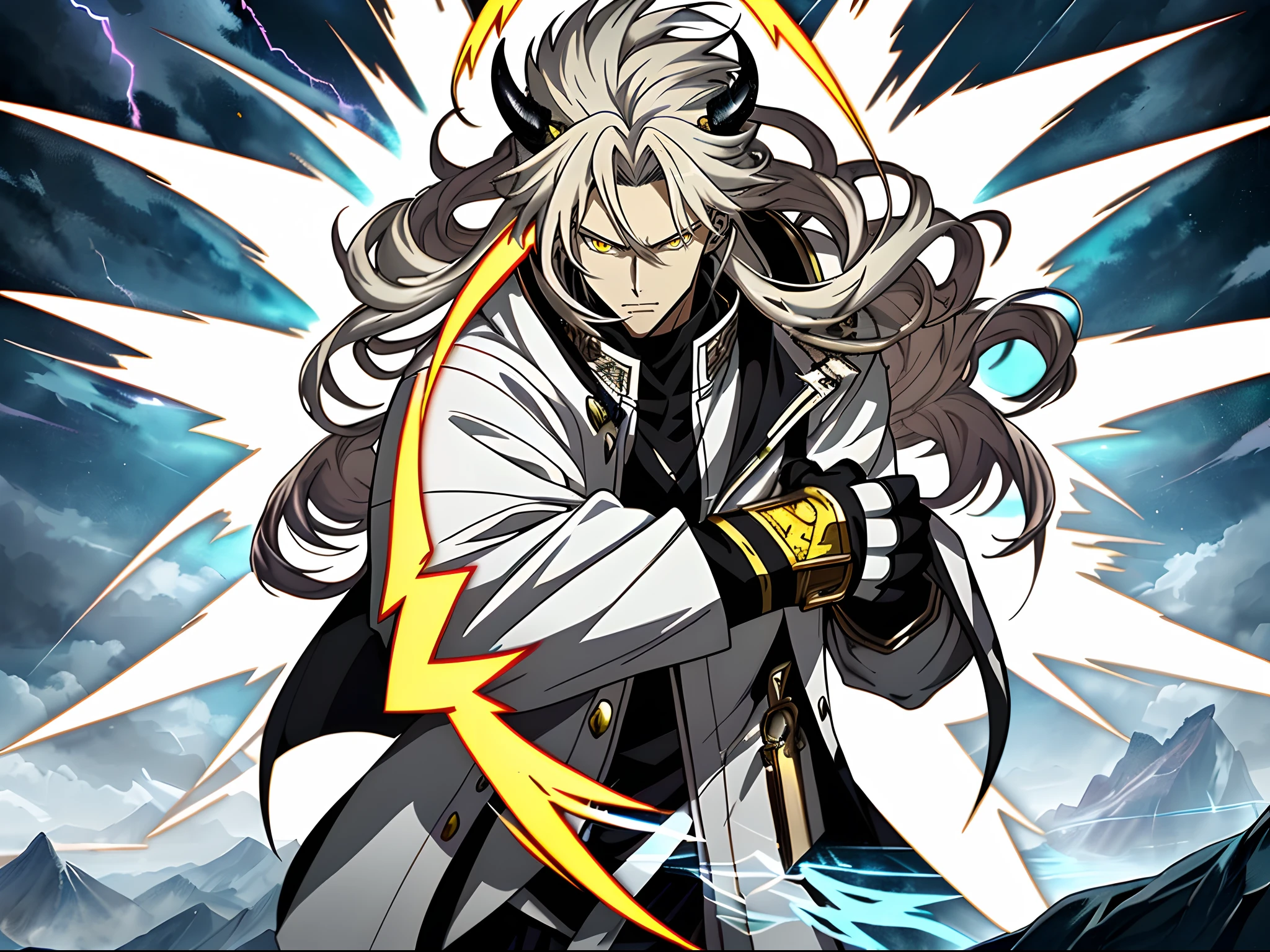 White long-haired anime character, Yellow eyes stand in front of Lightning,White clothes, Detailed key anime art, Key anime art, detailed anime character art, handsome guy in demon killer art, full art, high detailed official artwork, anime artsyle, offcial art, detailed anime art, Demon King