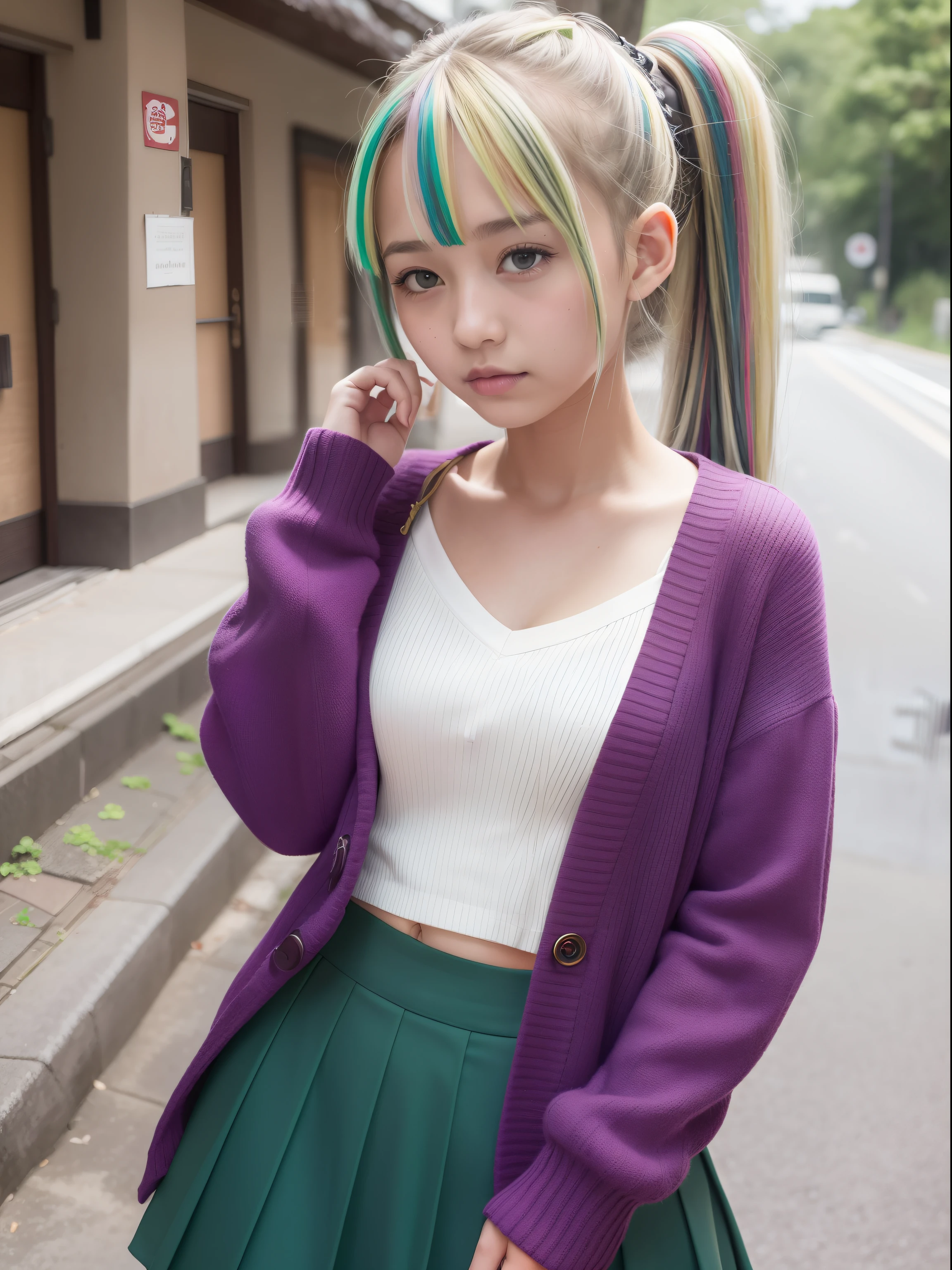 a 18 year old girl,masutepiece , Best Quality,Nahida(GenshinImpact) ,1girl in , tiny chest,Long hair ,Side Ponytail, Hair Ornament , White hair , Green hair , hand behind head:1.5,multicolored hair, elf , pointy ear , School uniform , Skirt ,Cardigan,mountain road , Street,looking at the viewers