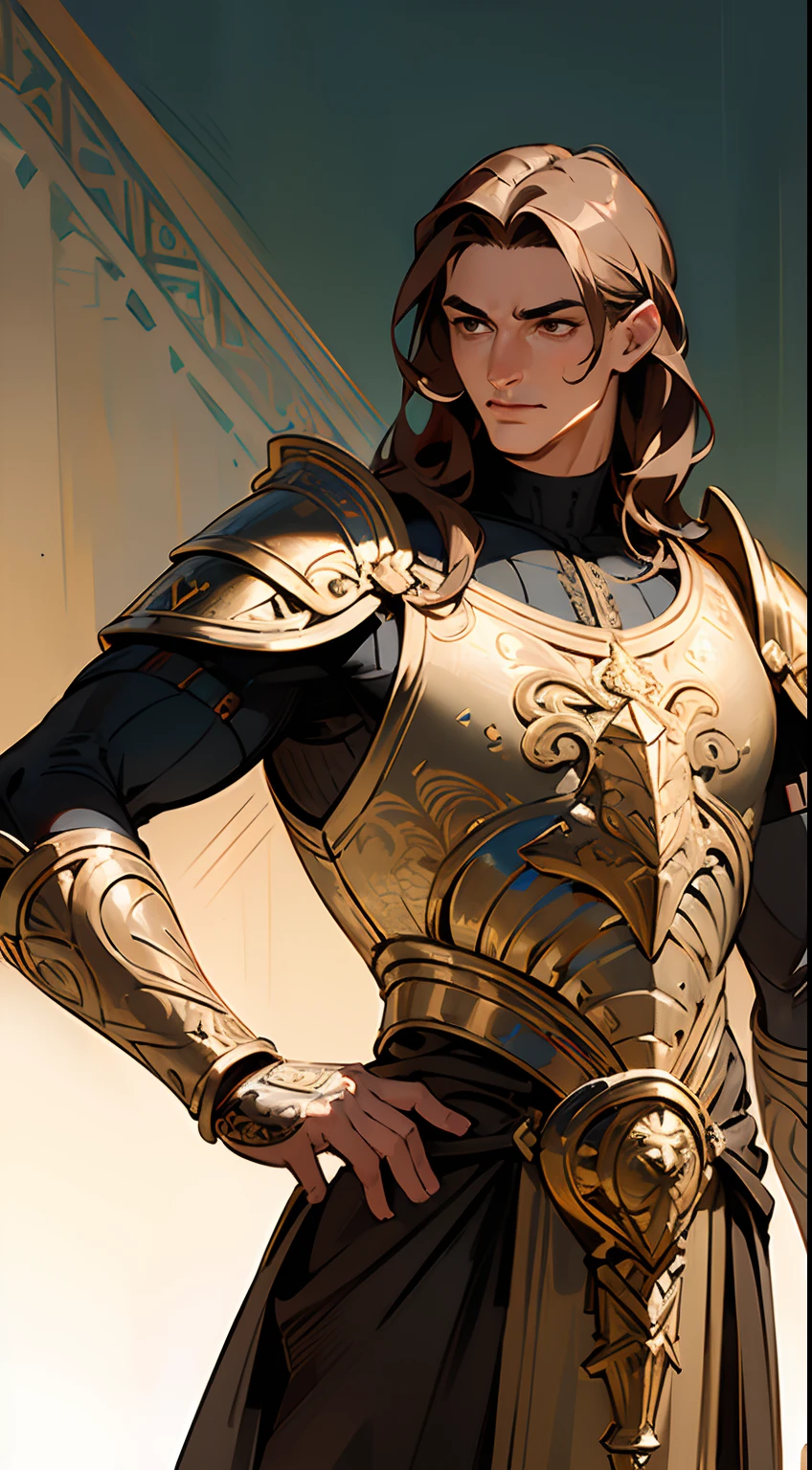 ((masterpiece,ultra-detailed, intricate details, best quality,illustration)),1man, solo, highres, looking at viewer, dark brown eyes, light brown hair, shoulder length hair, wearing Ancient Greece armor, arrogant, mocking, overconfident, very masculine, empowered, detailed, vibrant colors, high contrast, dynamic lighting, realistic textures, illustration aesthetic
