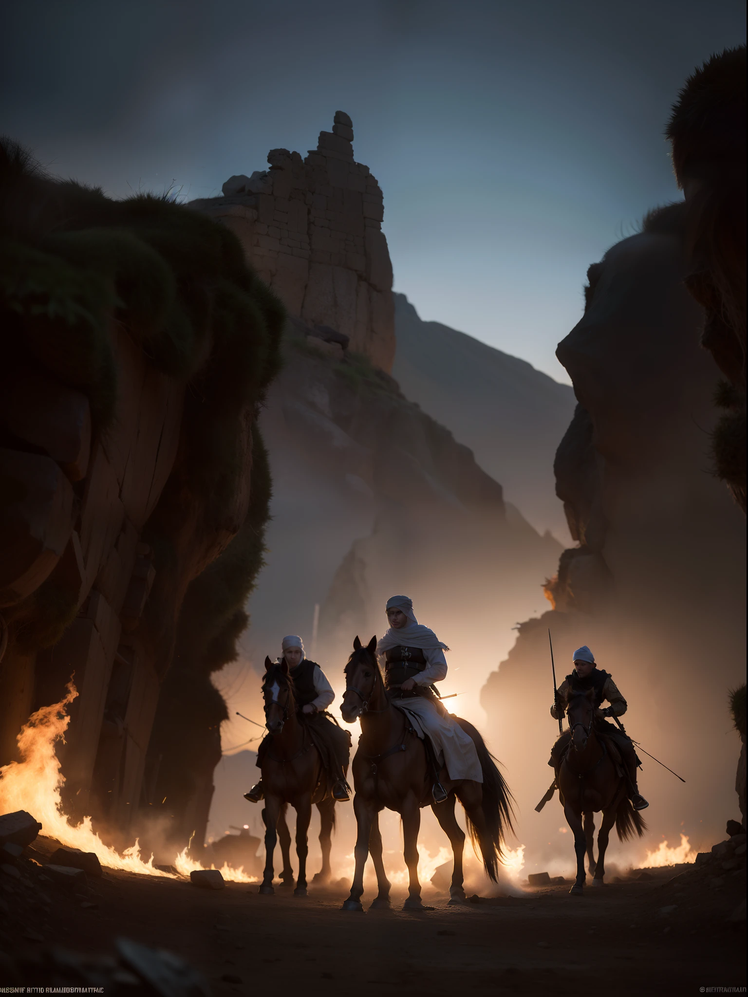 Create a photorealistic scene depicting 'after The Battle of Uhud at Arab Peninsula in 600 AD' with the utmost attention to detail and realism. Use the Niji 5 rendering engine in Unreal Engine, harnessing the power of Octane Render for lifelike visuals. Ensure the scene captures the historical accuracy and intensity of this battle. Pay meticulous attention to every aspect, including the landscape, soldiers' attire, weaponry, and facial expressions. Utilize high-resolution 4K or 8K resolution for impeccable clarity and detail. Employ HDR lighting for dynamic realism. This scene should transport viewers back in time, making them feel as if they're witnessing the battle unfold before their eyes, cinematic.