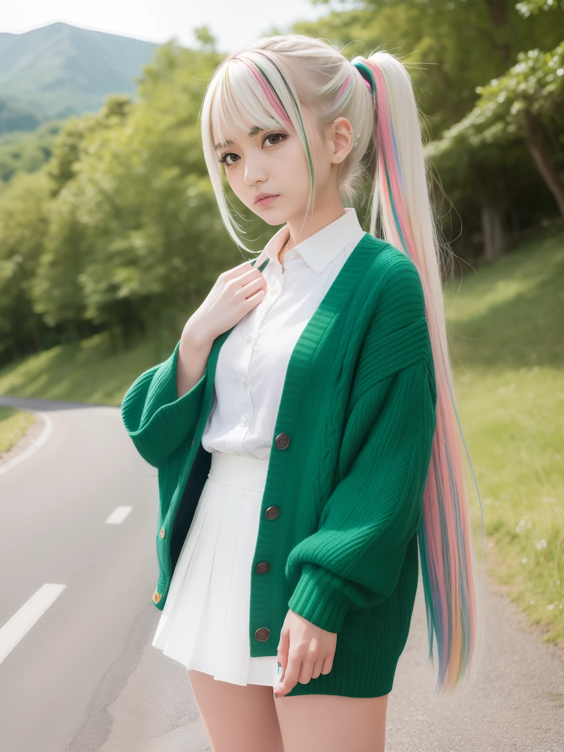 masutepiece , Best Quality,Nahida(GenshinImpact) ,1girl in , tiny chest,Long hair ,Side Ponytail, Hair Ornament , White hair , Green hair , hand behind head:1.5,multicolored hair, elf , pointy ear , School uniform , Skirt ,Cardigan,mountain road , Street,looking at the viewers