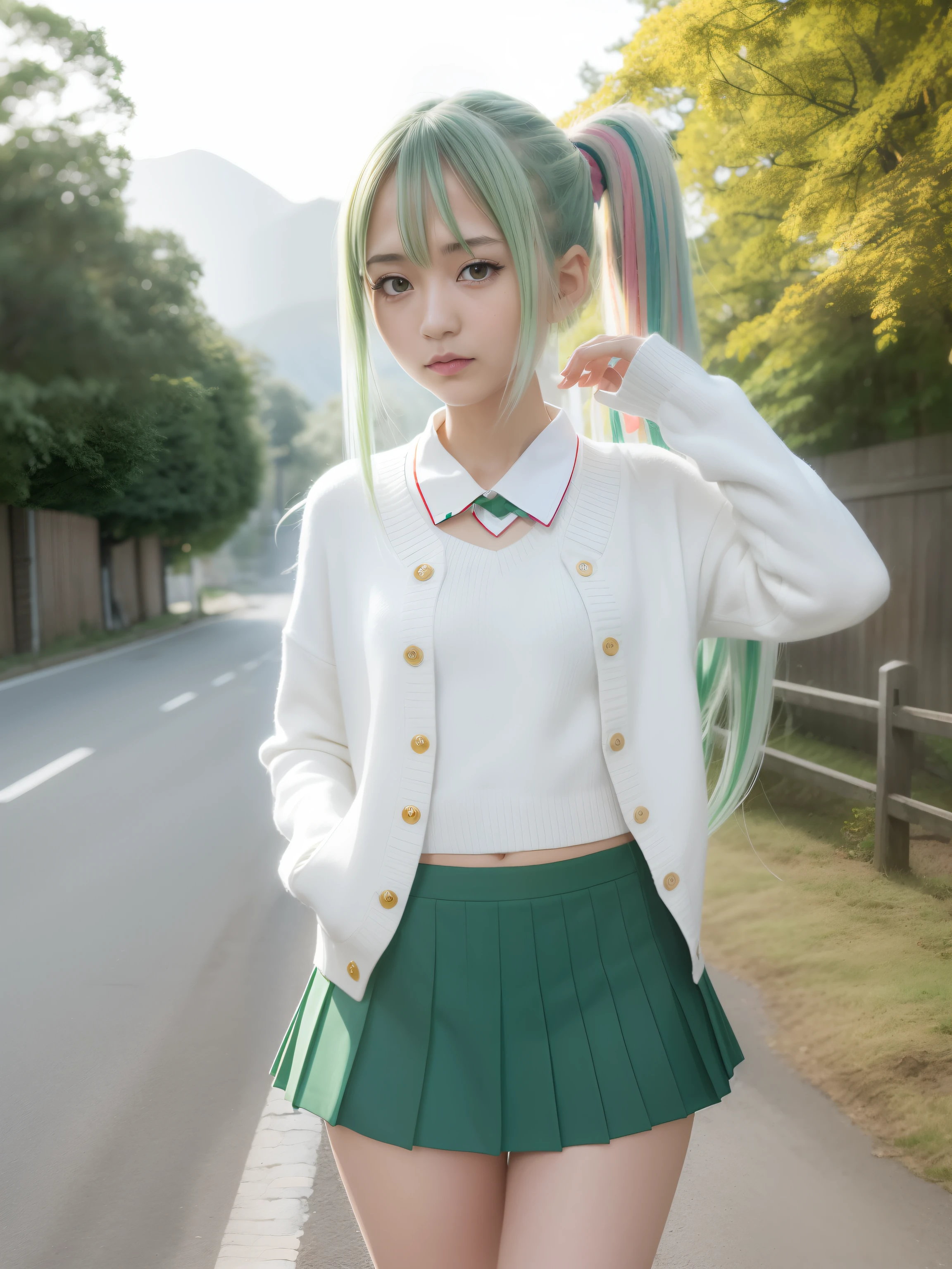 masutepiece , Best Quality,Nahida(GenshinImpact) ,1girl in , tiny chest,Long hair ,Side Ponytail, Hair Ornament , White hair , Green hair , hand behind head:1.5,multicolored hair, elf , pointy ear , School uniform , Skirt ,Cardigan,mountain road , Street,looking at the viewers