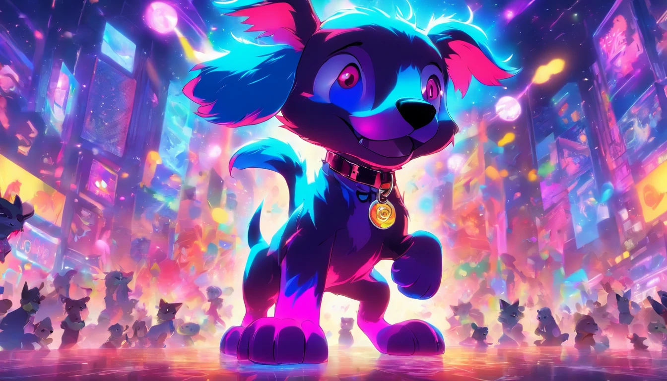 Rock puppy，Rock music，plays the guitar，DJ，o cachorrinho，hippy，full bodyesbian，pointy footwear，ball room，crowd of，Focus on the puppy，OC renderer