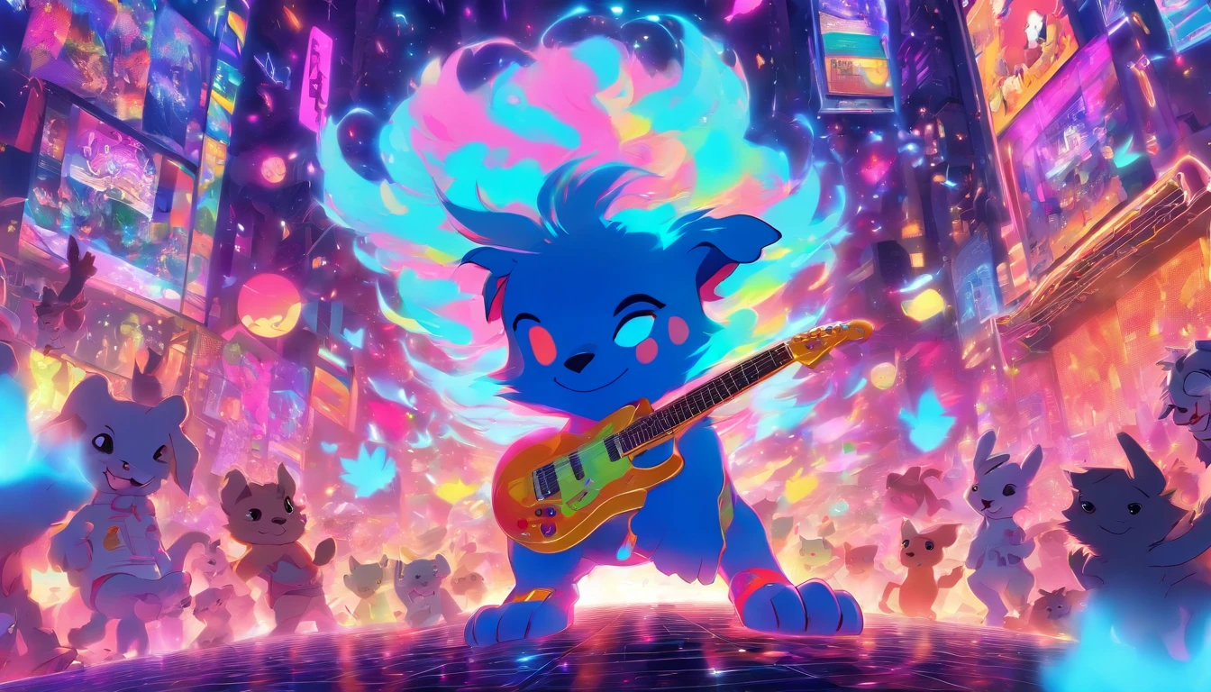 Rock puppy,Rock music,plays the guitar,DJ,o cachorrinho,hippy,full bodyesbian,pointy footwear,ball room,crowd of,Focus on the puppy,OC renderer