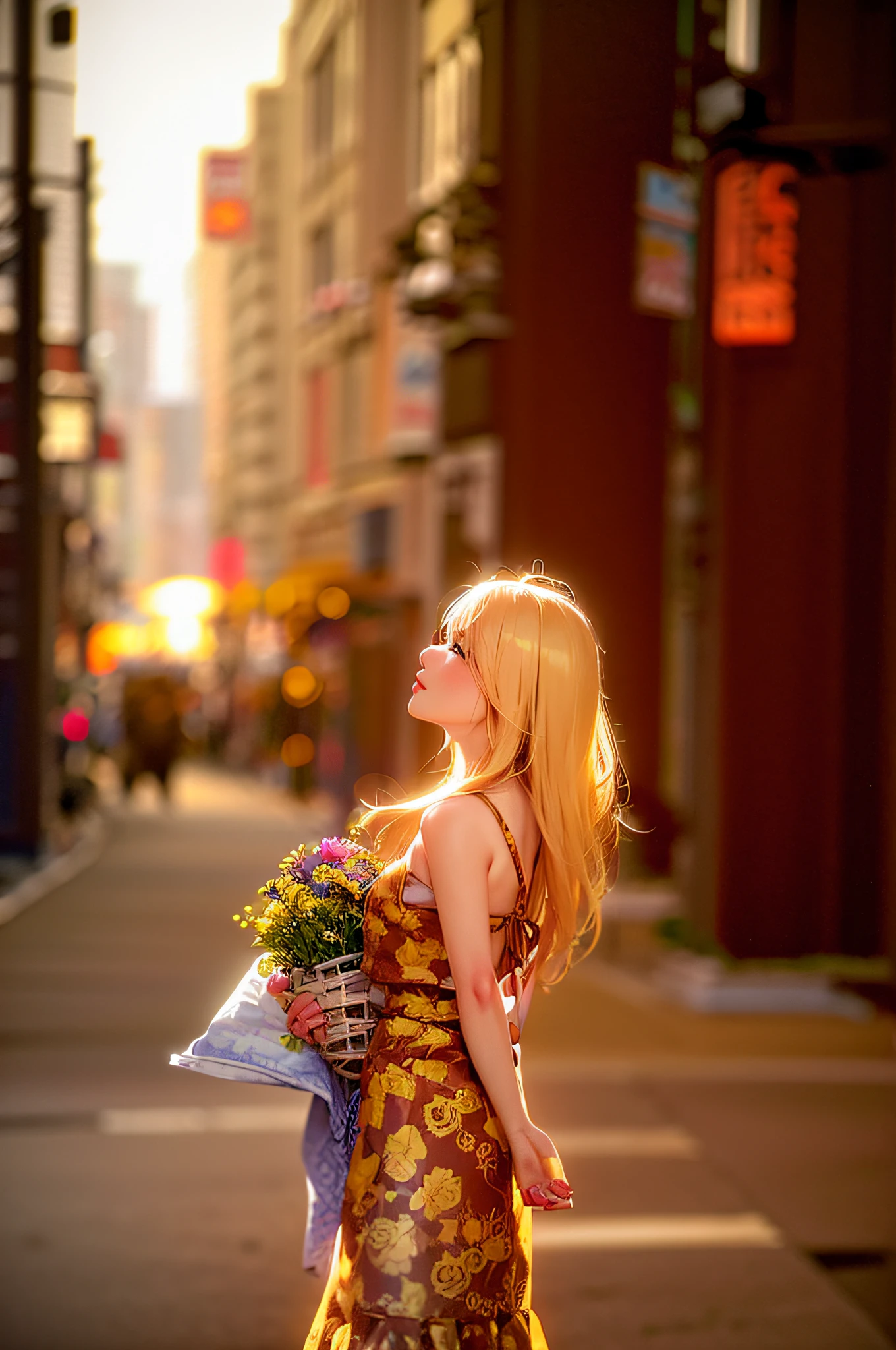 blond woman in a dress with flowers walking down the street, in a sunny day, hot with shining sun, shot in canon 50mm f/1.2, in the evening, golden hour sunlight, asian girl with long hair, on a sunny day, golden hour sun, nice afternoon lighting, at golden hour, shining golden hour, flowing backlit hair