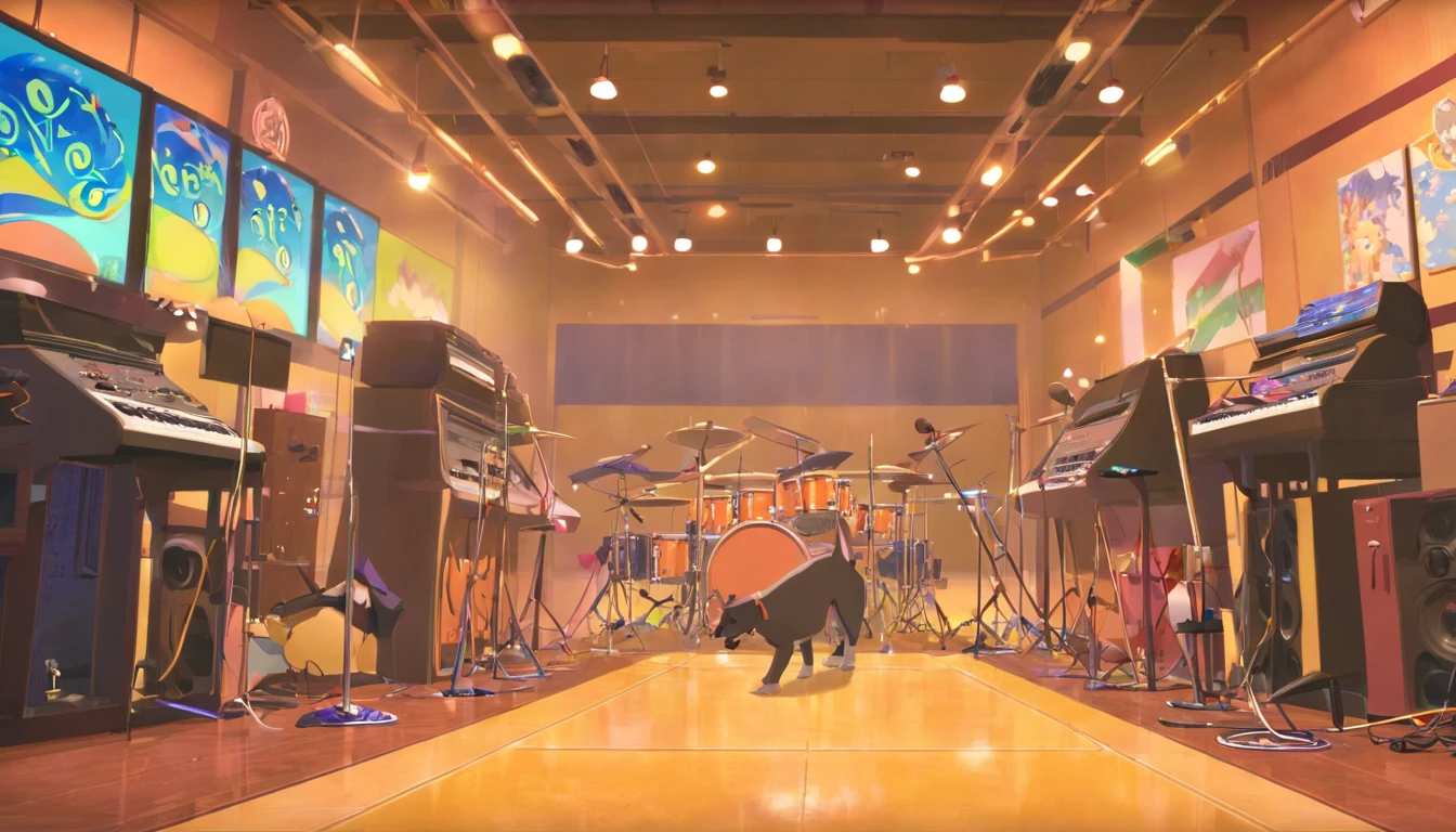 Rock puppy，Rock music，plays the guitar，DJ，o cachorrinho，hippy，full bodyesbian，pointy footwear，ball room，crowd of，Focus on the puppy，OC renderer
