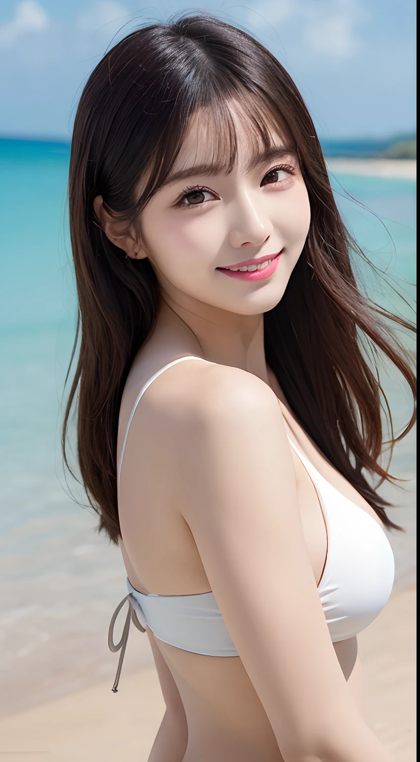 masutepiece, Best Quality, Illustration, Ultra-detailed, finely detail, hight resolution, 8K Wallpaper, Perfect dynamic composition, Beautiful detailed eyes, Luxury Brand Micro T-Back Bikini,Straight hair, Small breasts, Natural Color Lip, Bold sexy poses,Smile,the beach、20 years girl、Cute、KPOP Idol Face
