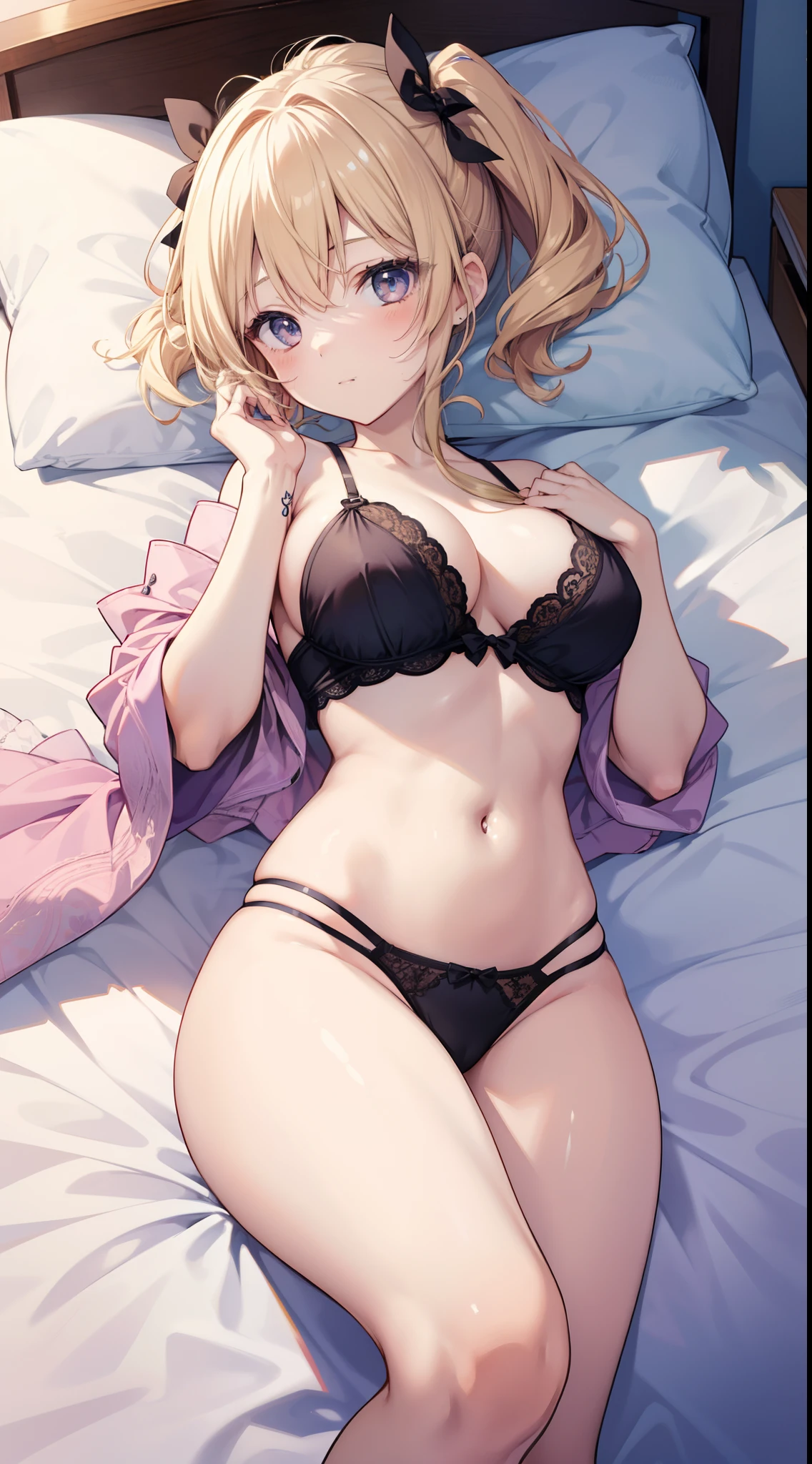 masutepiece、hight resolution、1girl in、in one's underwear only、poneyTail、eye glass、Golden lingerie、large full breasts、Lying on your back in bed、Cute anime illustration、