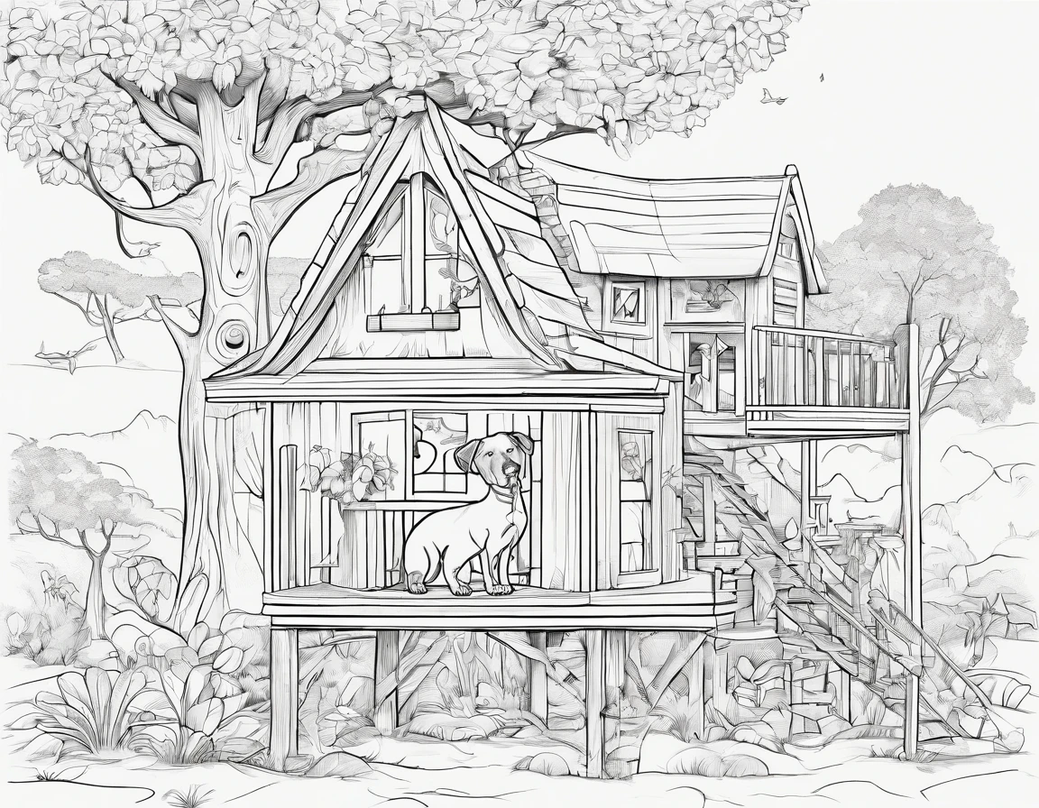 coloring book of three small dogs, female and 2 males, in a tree house, cartoon style, thick lines, no color, white background only strokes