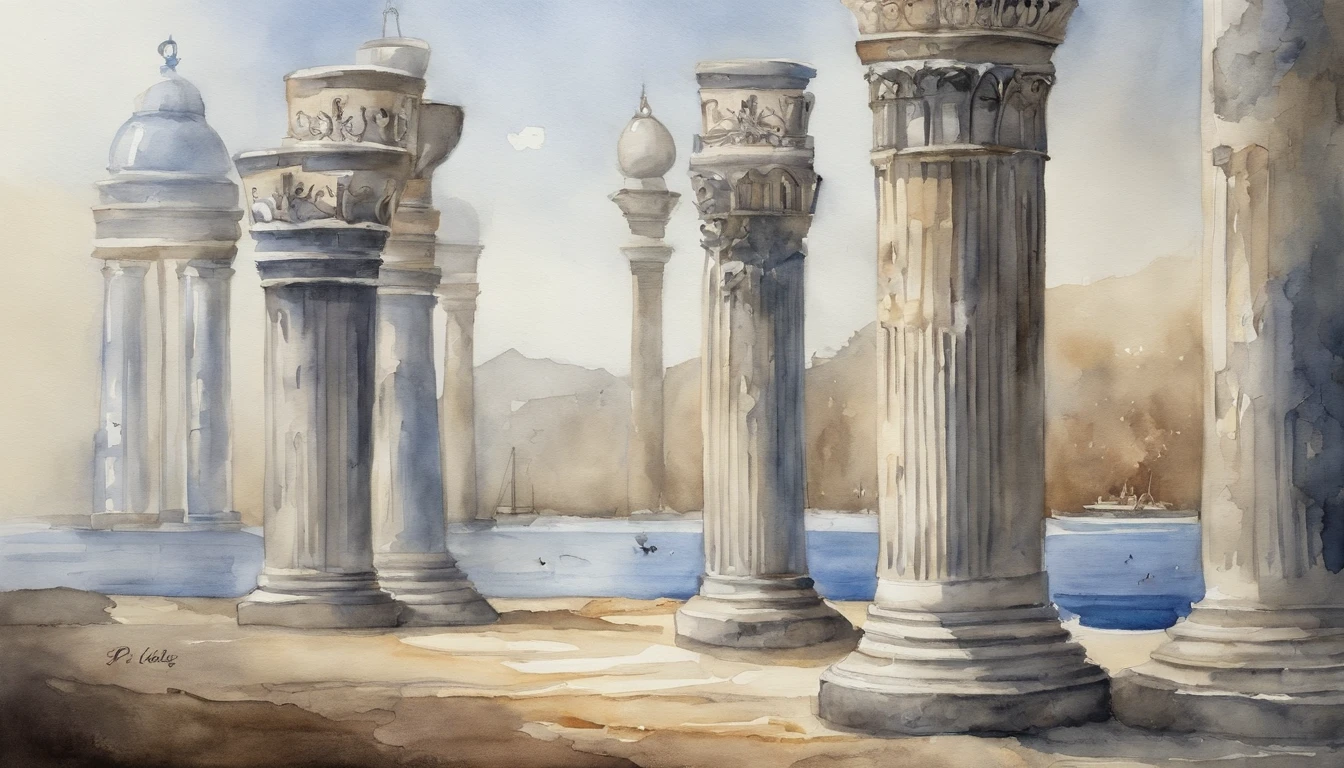 Pillars with pedestals in the form of anchors、Silver、Watercolor Touch、