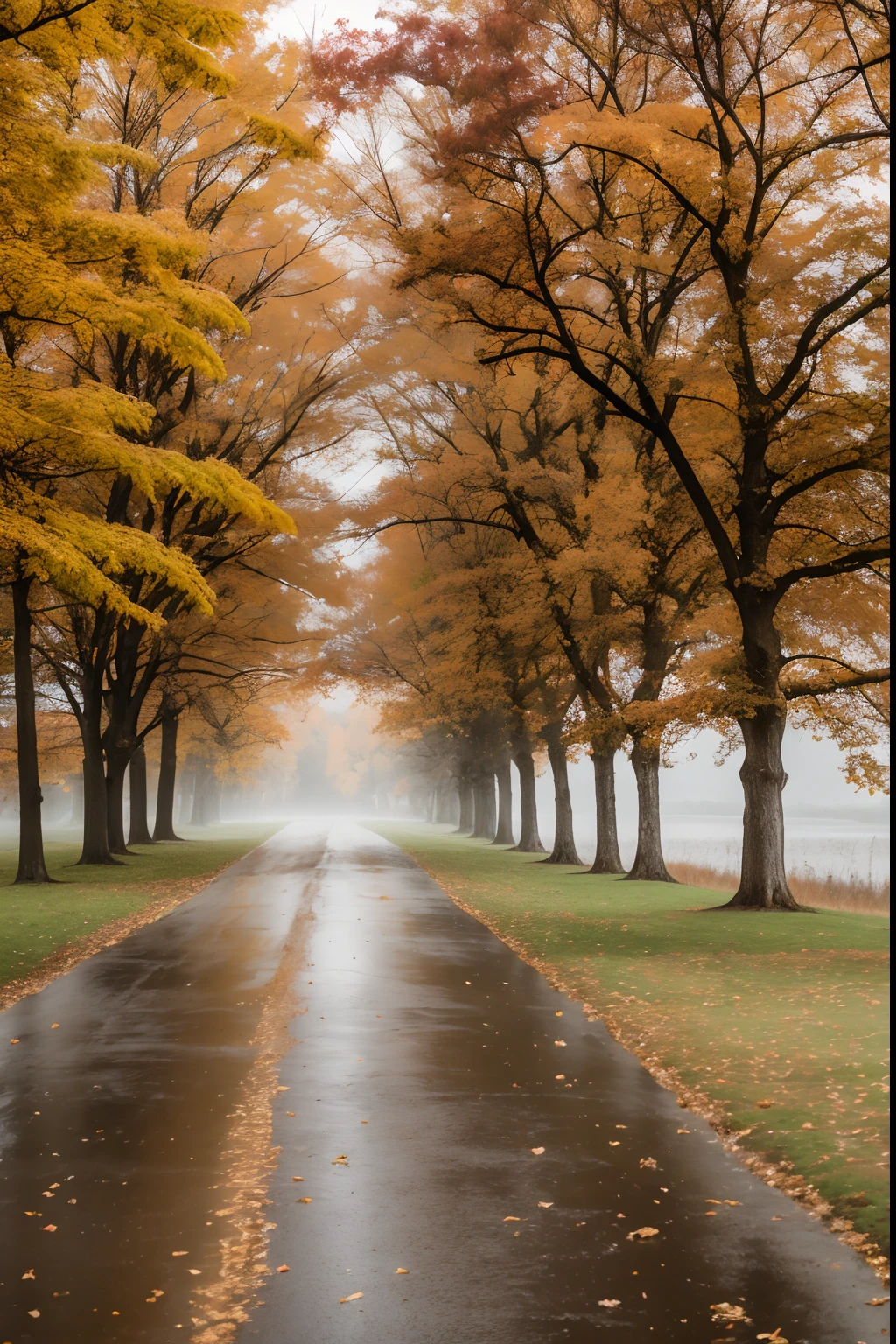 Landscape Photography, bright cloudy day, 8K UHD, High quality, Film grain, FUJI XT3,autumnal,some colored leaves, muted colors, soft focus