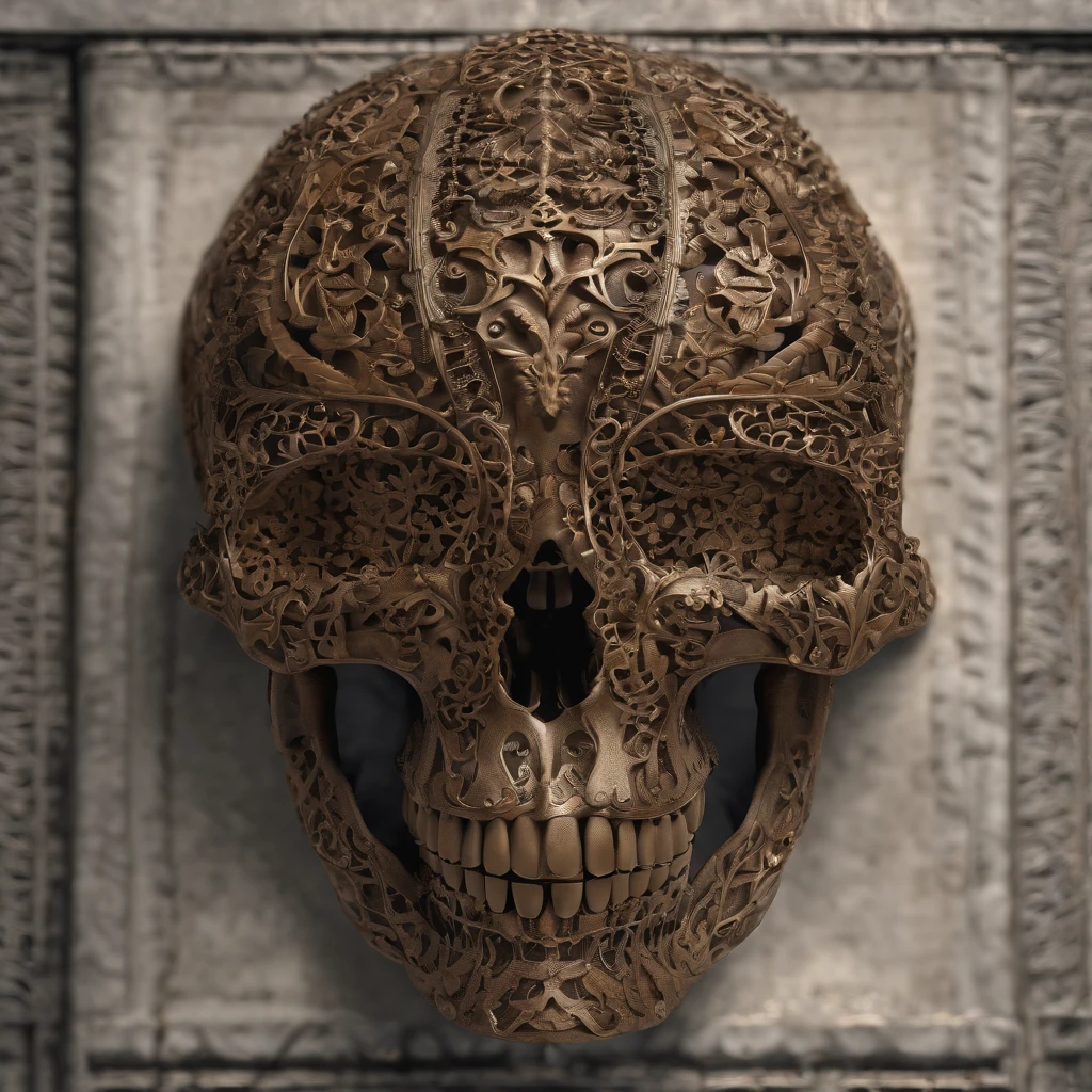 There is a huge wooden beauty skull,There are intricate patterns on it, made of intricate lace skeleton, intricate skeletal decorations, intricate digital artwork, Thomas Villatte is intricate, intricate 3 d sculpture, Beautiful bones and body structure, masterpiece of intricate artwork, fantasy skull, intricate digital art, digital intricate art, Obras de arte intrincadas, intricate 3 d illustration, intricate render, made of intricate metal and wood