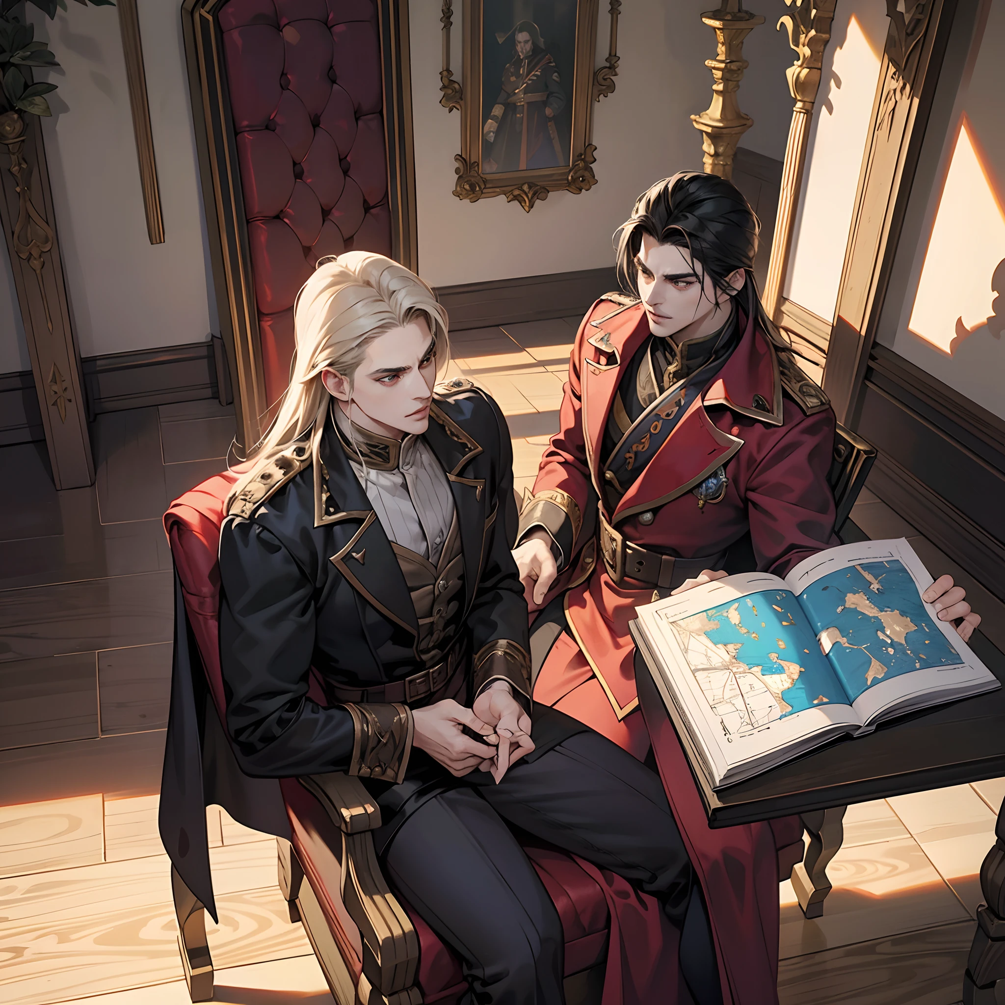 Castlevania Shadow Lord handsome muscular Lord Dracula in the throne room with his soldiers looking into Map of Conquest discussing two lords showing greatness old scenes from cinematic scrolls movie Legendary epic perspective