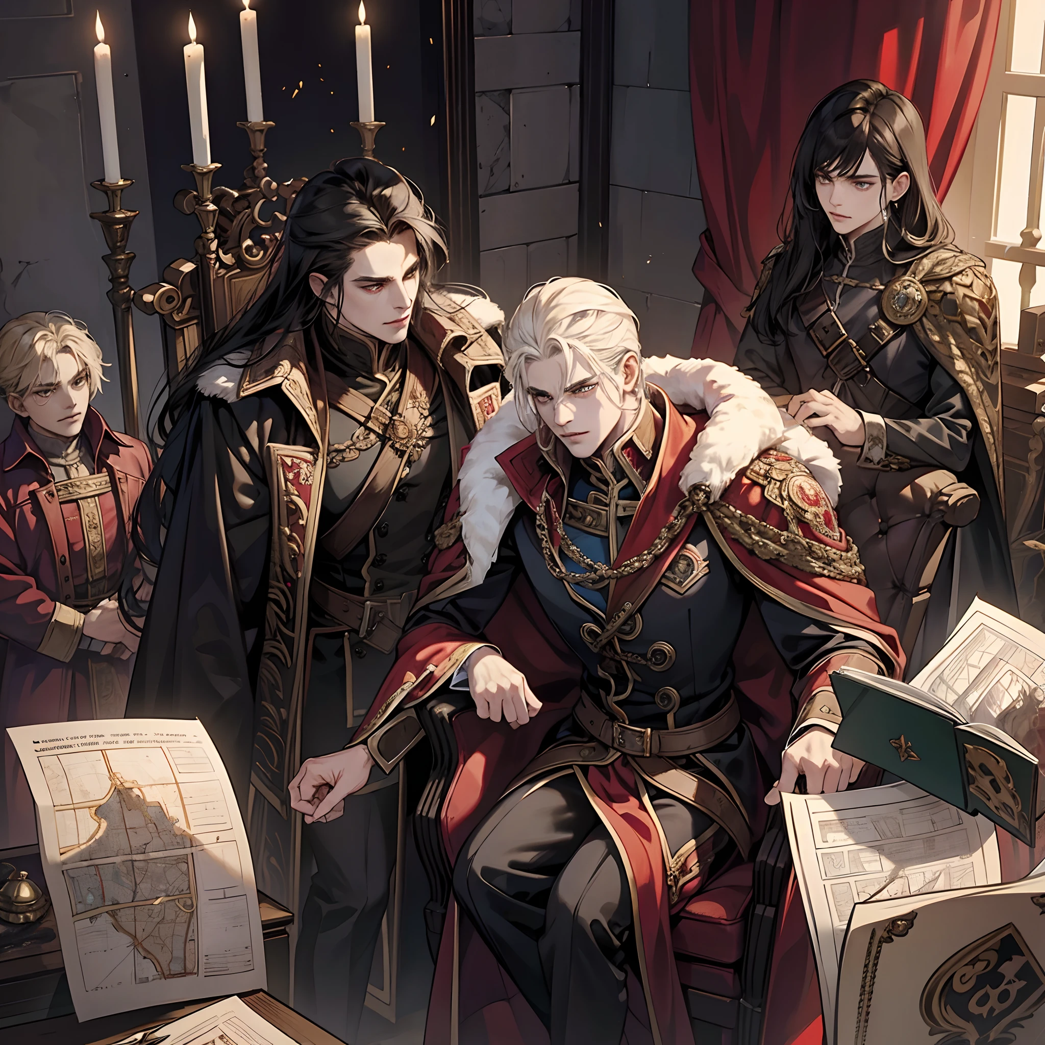 Castlevania Shadow Lord handsome muscular Lord Dracula in the throne room with his soldiers looking into Map of Conquest discussing two lords showing greatness old scenes from cinematic scrolls movie Legendary epic perspective