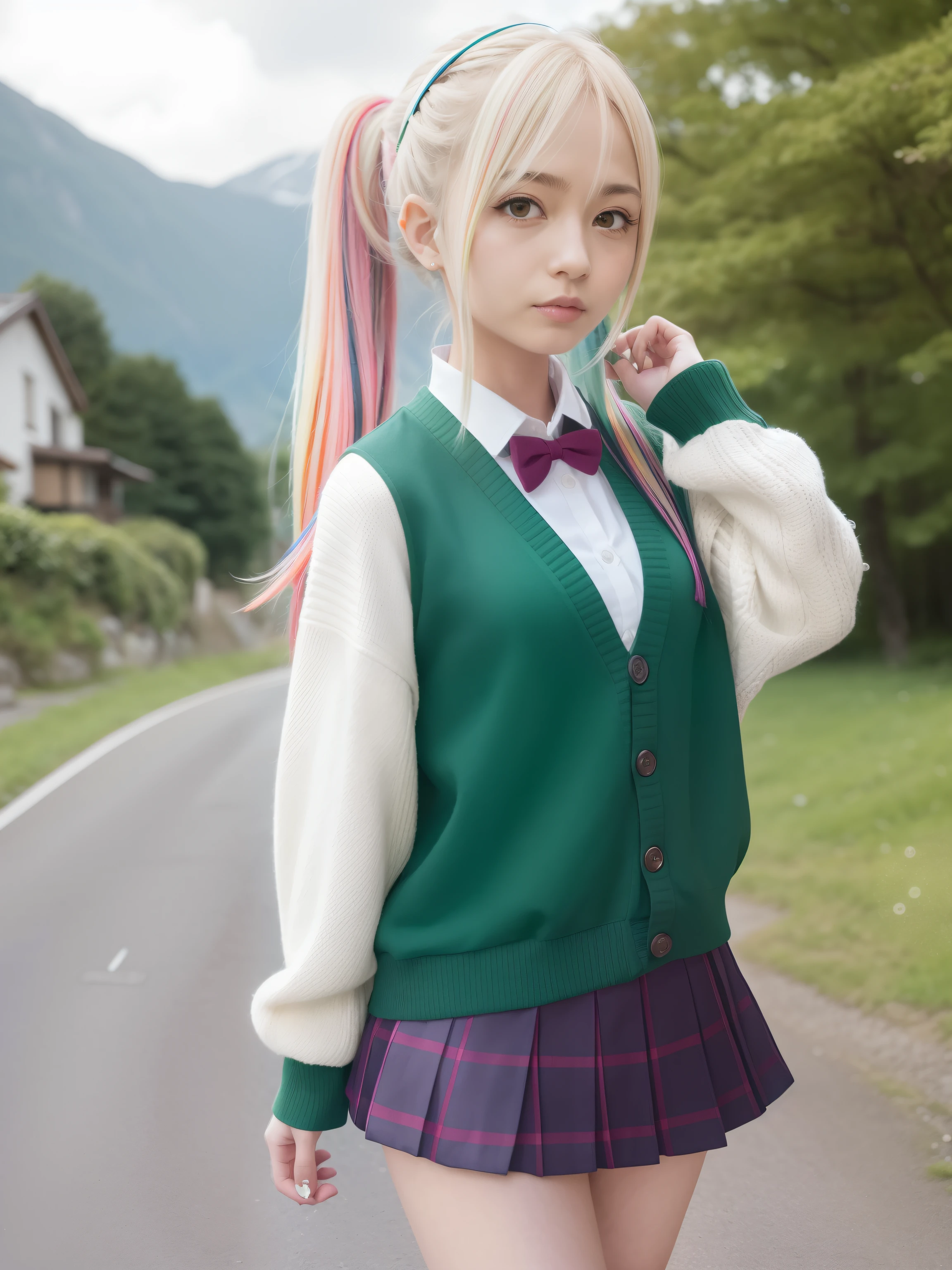masutepiece , Best Quality,Nahida(GenshinImpact) ,1girl in , tiny chest,Long hair ,Side Ponytail, Hair Ornament , White hair , Green hair , hand behind head:1.5,multicolored hair, elf , pointy ear , School uniform , Skirt ,Cardigan,mountain road , Street,looking at the viewers