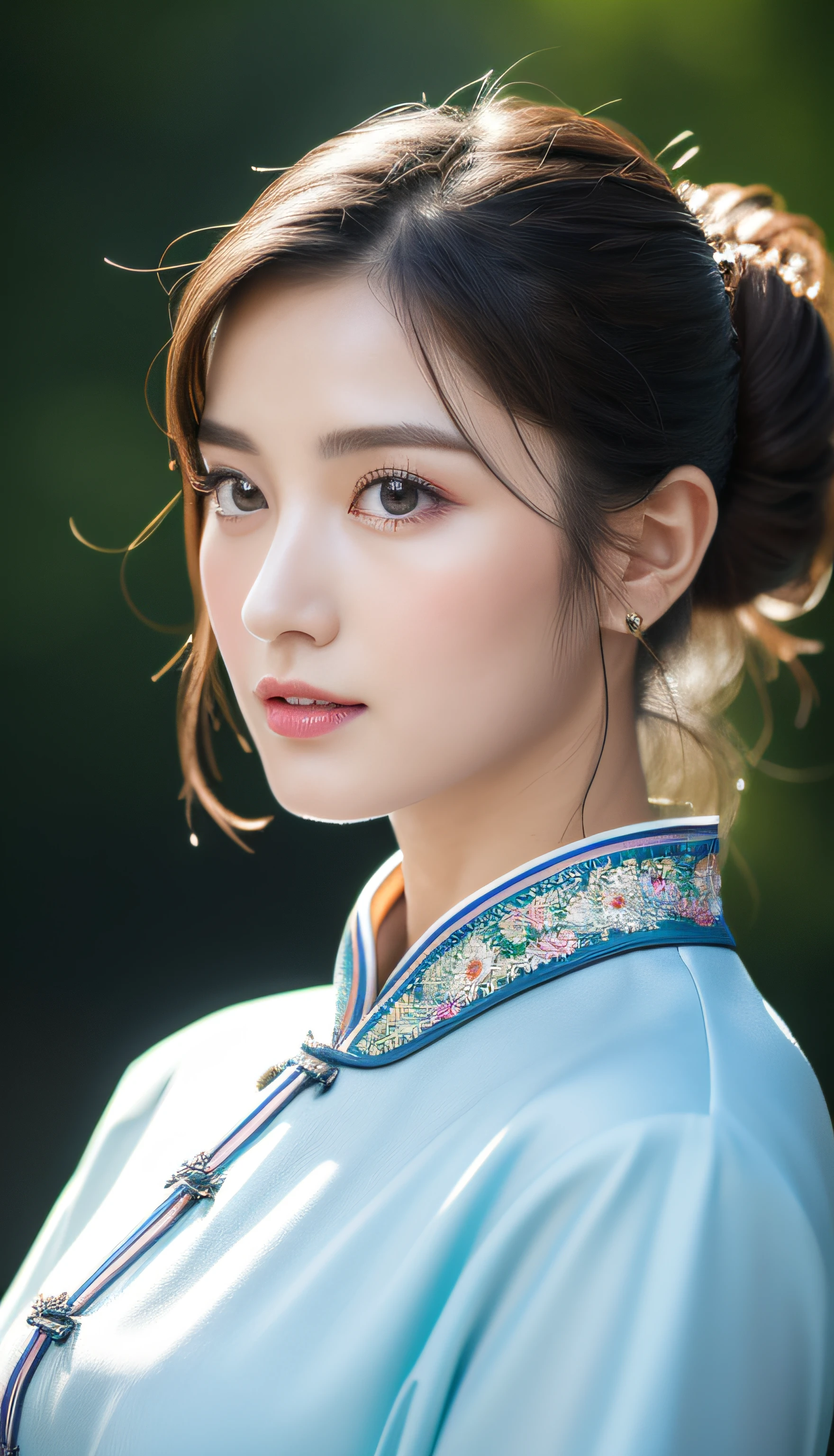ultra-detailliert, (Real: 1.5), Very detailed, ultra-detailliert, Extreme Detail, High quality, Full body, Solo, 1 girl, Cute, Beautiful face, Beautiful detailed eyes, beautiful detailed nose, semi-, , Hair bun, (Exquisite facial features), chinese clothes, Cheongsam, Studio Lighting, charming figure, Big, satin