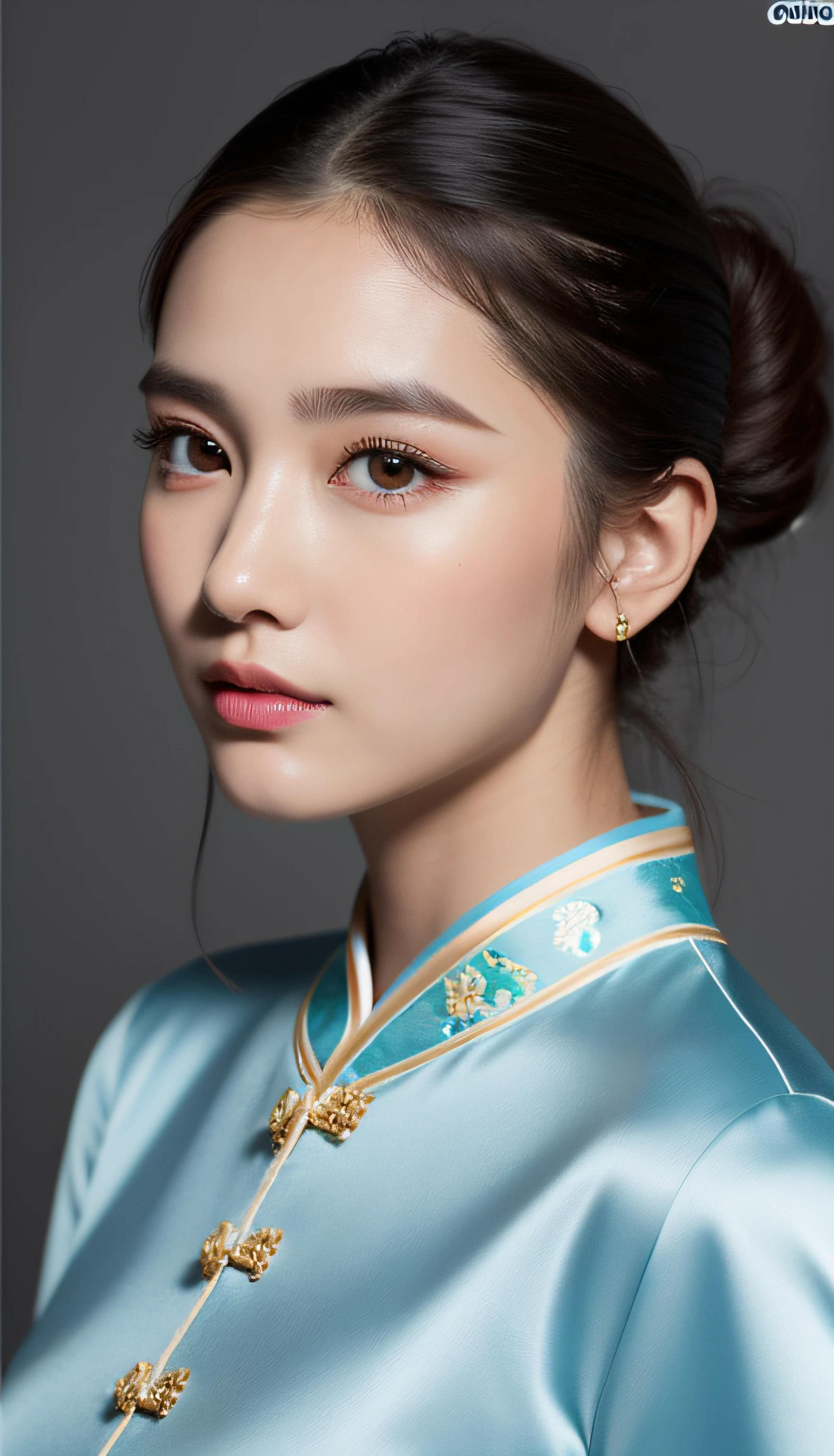 ultra-detailliert, (Real: 1.5), Very detailed, ultra-detailliert, Extreme Detail, High quality, Full body, Solo, 1 girl, Cute, Beautiful face, Beautiful detailed eyes, beautiful detailed nose, semi-, , Hair bun, (Exquisite facial features), chinese clothes, Cheongsam, Studio Lighting, charming figure, Big, satin