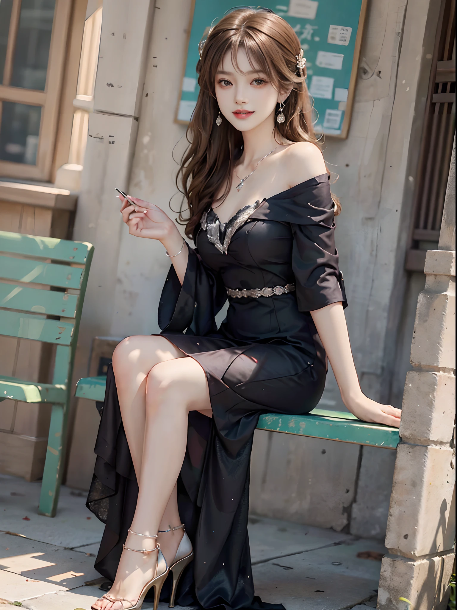 ((full body)), ((from side)), ((Sit Pose, Sit on a park bench, slender leg)), ((realistic)), ((off shoulder clothes)), 1girll, looking toward the viewer, Asian model, inside a classroom, Detailed scenes, long and flowing hair, Long hair with a shawl, curlies, Air bangs, Beautiful hair accessories, Brown hair, slim, ((Black dress long dress, Sparkling diamonds, high-heels)), warm lights, a warm color palette, Detailed details, ultra-detailliert, (tmasterpiece, best qualtiy), (An extremely delicate and beautiful work), Delicate earrings, Delicate necklace, 鎖骨, Simple blurred background, Extreme detail description, Ultra-fine painting, Delicate face, slim toned body, Sweet smiling, Baring teeth, (ultra-realistic realism)