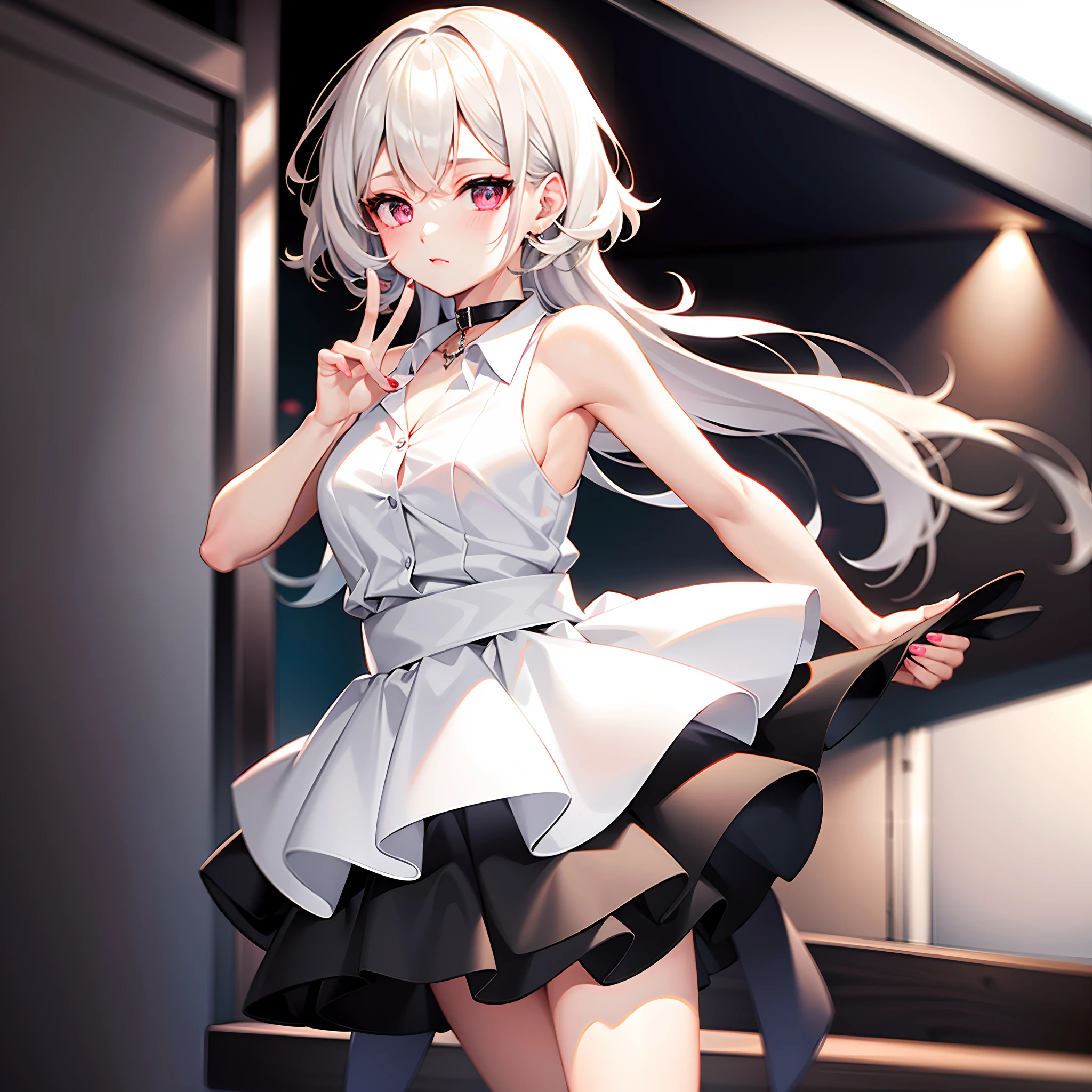 best quality, ultra high res, 1girl, sleeveless white button shirt, black skirt, black choker, cute, (Kpop idol), (aegyo sal:1), (platinum blonde hair:1), ((puffy eyes)), looking at viewer, full body, facing front
