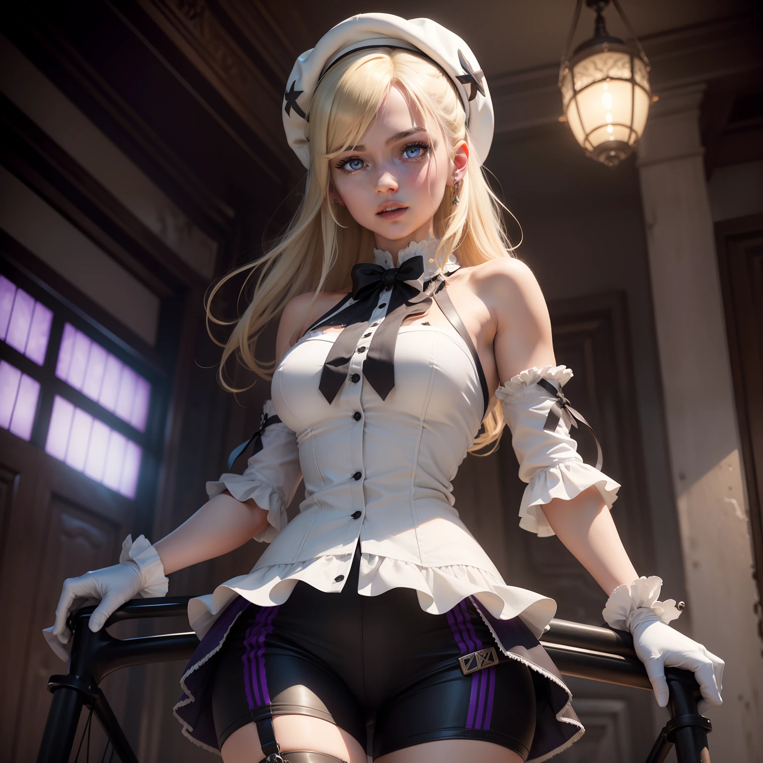 z23,, textured skin, 8k, beautiful detailed eyes, cinematic lighting, beautiful detailed face, ultra-detailed, world masterpiece theater, cinematic lighting,, 1girl, solo, blonde hair, purple eyes, hair bow, white shirt, beret, bare shoulders, gloves, iron cross, bike shorts, :d, armband, white gloves, cowboy shot,