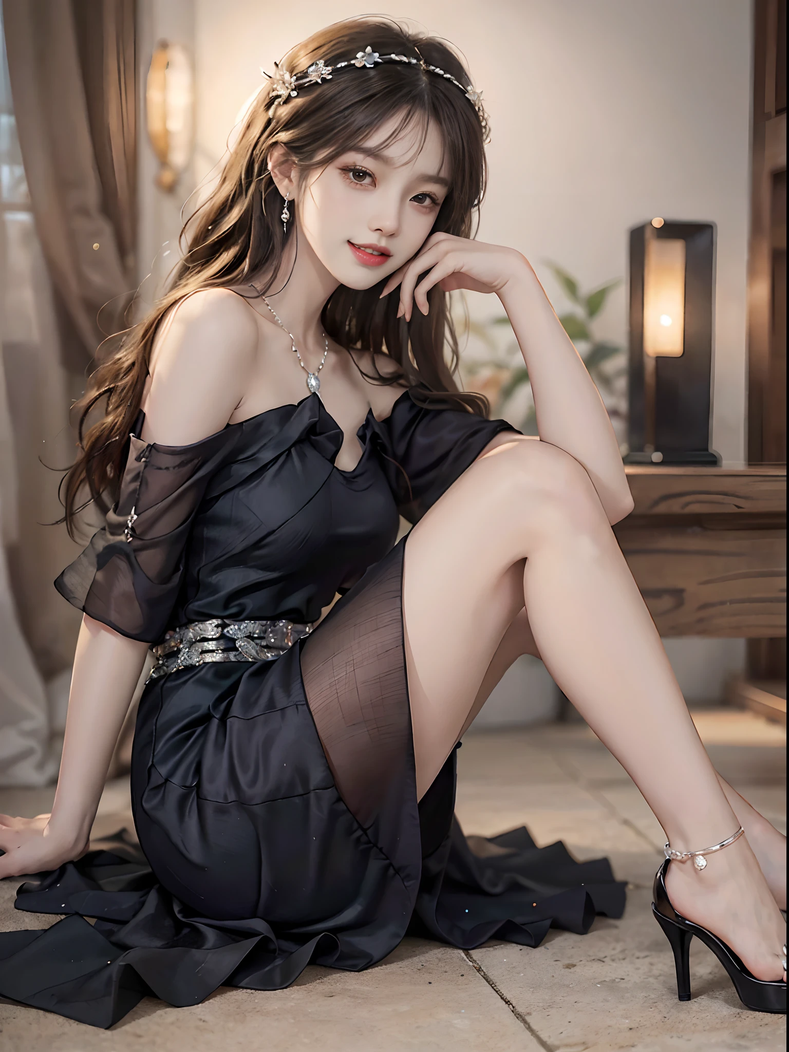 ((full body)), ((from side)), ((Sit Pose, Sit on a park bench, slender leg)), ((realistic)), ((off shoulder clothes)), 1girll, looking toward the viewer, Asian model, inside a classroom, Detailed scenes, long and flowing hair, Long hair with a shawl, curlies, Air bangs, Beautiful hair accessories, Brown hair, slim, ((Black dress long dress, Sparkling diamonds, high-heels)), warm lights, a warm color palette, Detailed details, ultra-detailliert, (tmasterpiece, best qualtiy), (An extremely delicate and beautiful work), Delicate earrings, Delicate necklace, 鎖骨, Simple blurred background, Extreme detail description, Ultra-fine painting, Delicate face, slim toned body, Sweet smiling, Baring teeth, (ultra-realistic realism)