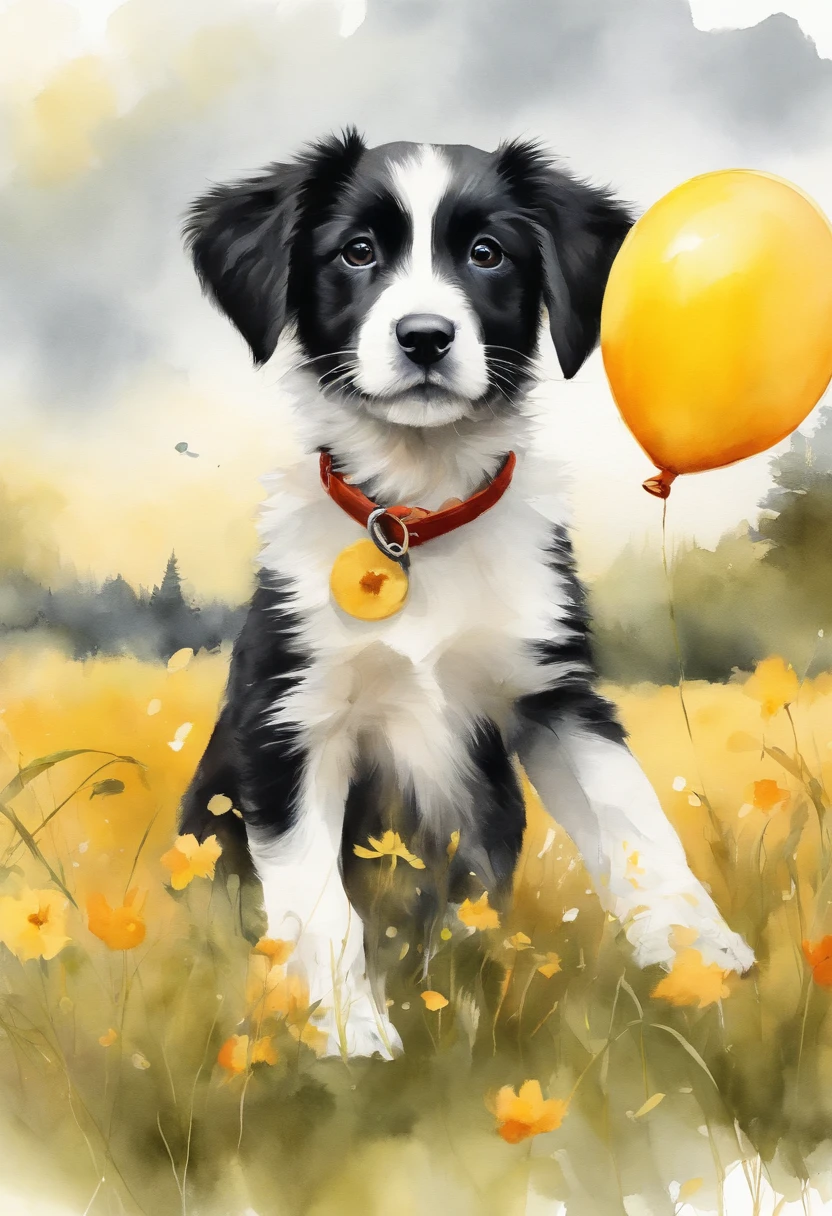 A beautiful black and white puppy, with soft watercolor strokes, clutching a vibrant yellow balloon, floating slightly above a meadow, style: whimsical and serene, colors: earthy browns, vibrant red, vibrate orange, vibrant yellow and muted greens of the meadow.