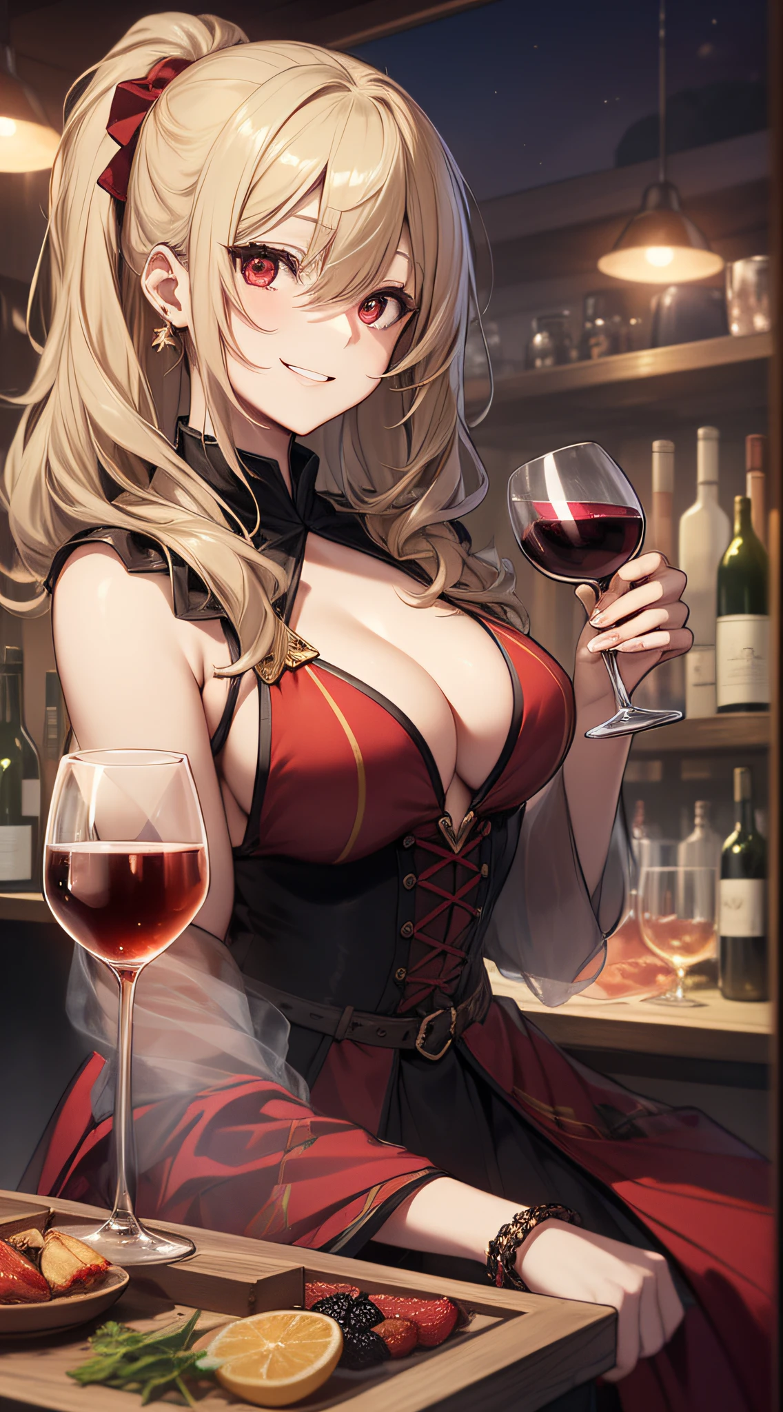 top-quality、Top image quality、masterpiece、girl with((18year old、Black and red dress、Best Bust、Bust 85、a blond、poneyTail、Red Eyes、open chest wide、close to viewer、Happiness、A slight smil、Gold Accessories、a little drunk、holding a glass of wine、sit a chair))hiquality、visualart、Background with((Night Bar Counter))、