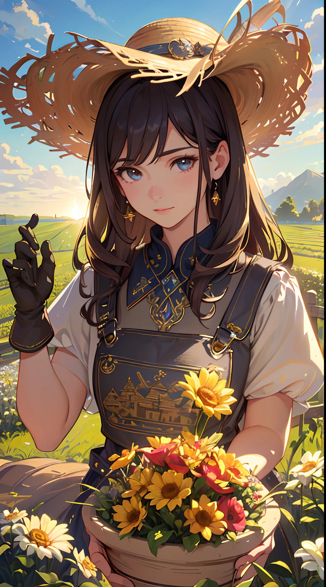(masterpiece:1.1), (best quality:1.1), (ultra-detailed:1.1), (detailed background:1.1), (beautiful detailed face:1.1), (best illumination:1.1), (cinematic light:1.1), (hyper detail:1.1), (intricate details:1.1), (1 girl:1.1), (solo:1.1), (dynamic angle:1.1), (detailed clothes:1.2), (rustic farm:1.3), (crops:1.3), (sun hat:1.2), (overalls:1.2), (dirty hands:1.2), (working gloves:1.2), (boots:1.2), (natural light:1.1), (colorful:1.1), (warm and inviting:1.1), (peaceful scene:1.1),