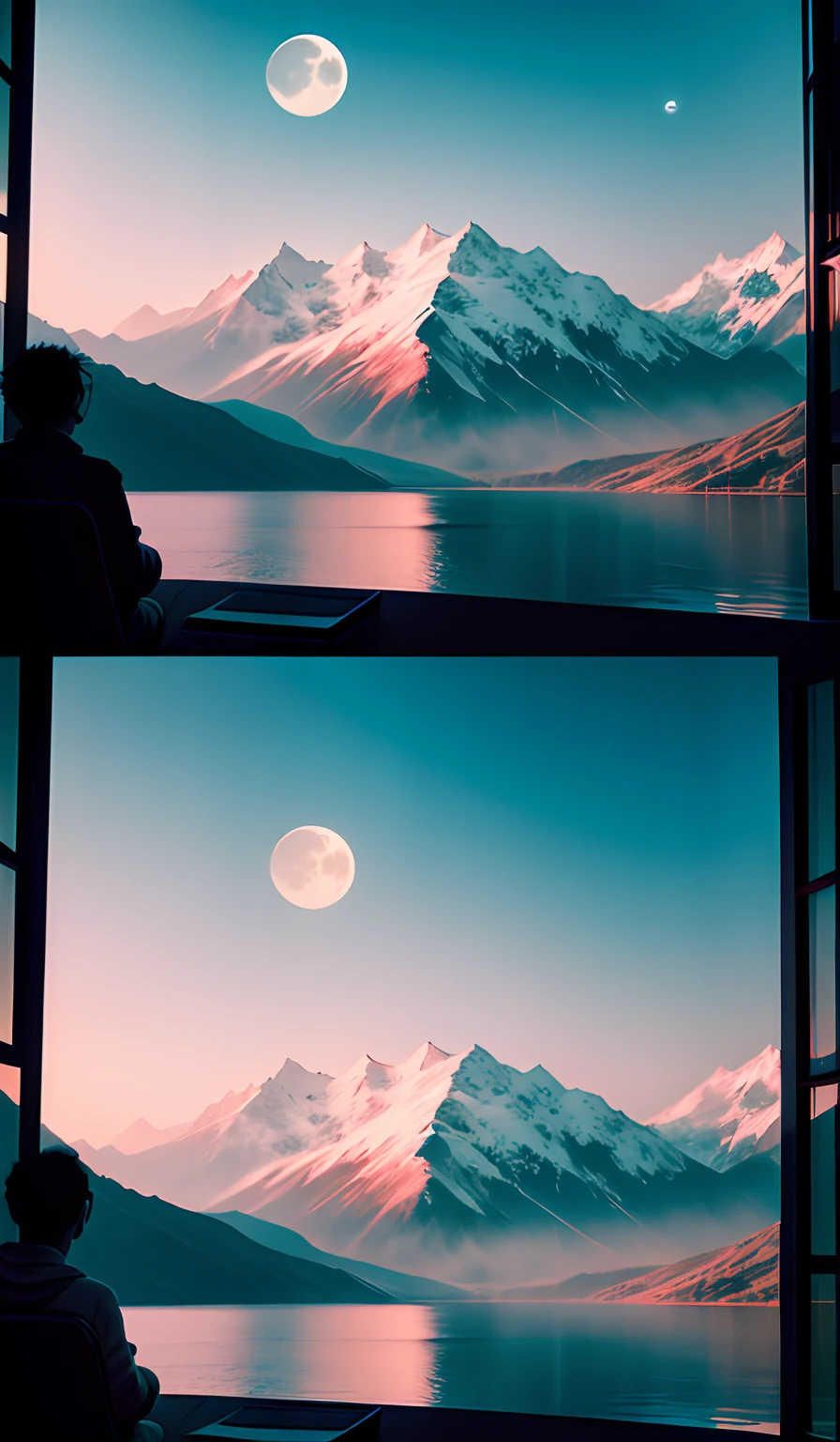 Writing a film version of footage,In front there is a large lake surrounded by mountains on three sides,It is evening when the moon sets in the western mountains,The moon is round and bright,Clouds burn,In the distance, You can also see traces of white clouds,Camera is facing backwards,The surface of the lake is shiny,Pass Chinese-style villages first,Came behind a couple who were sitting in front of the window looking at the moon,They are all、Seeing this amazing view,3 seconds elapsed,The couple turned into a pair of gray hairs。