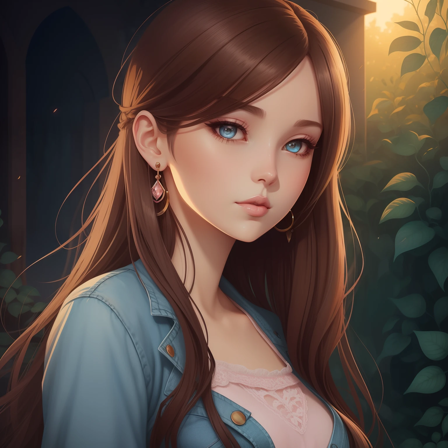 Illustration of a 25 year old woman with earrings, Brown hair, Pink lace top and short denim shorts, She is in the garden, Digital Illustration Style, Cartoon style illustration, Beautiful Art Style, Art Trends, beautiful digital illustrations, Beautiful digital art, cartoon artstyle, cute detailed digital art, Exquisite digital illustration, Cute drawing style, Great art style, Vector art style, Anime Digital Illustration, Illustration Charlie Bo Water Art Style, No Style Charlie Bo Water, Charlie Bowaterstyle, charlie bowater character art, Charlie Bowater and Tom Bagshaw, No Bo Water Art Style, neoartcore and charlie bowater, Inspired by Charlie Bowater, beautiful digital illustrations