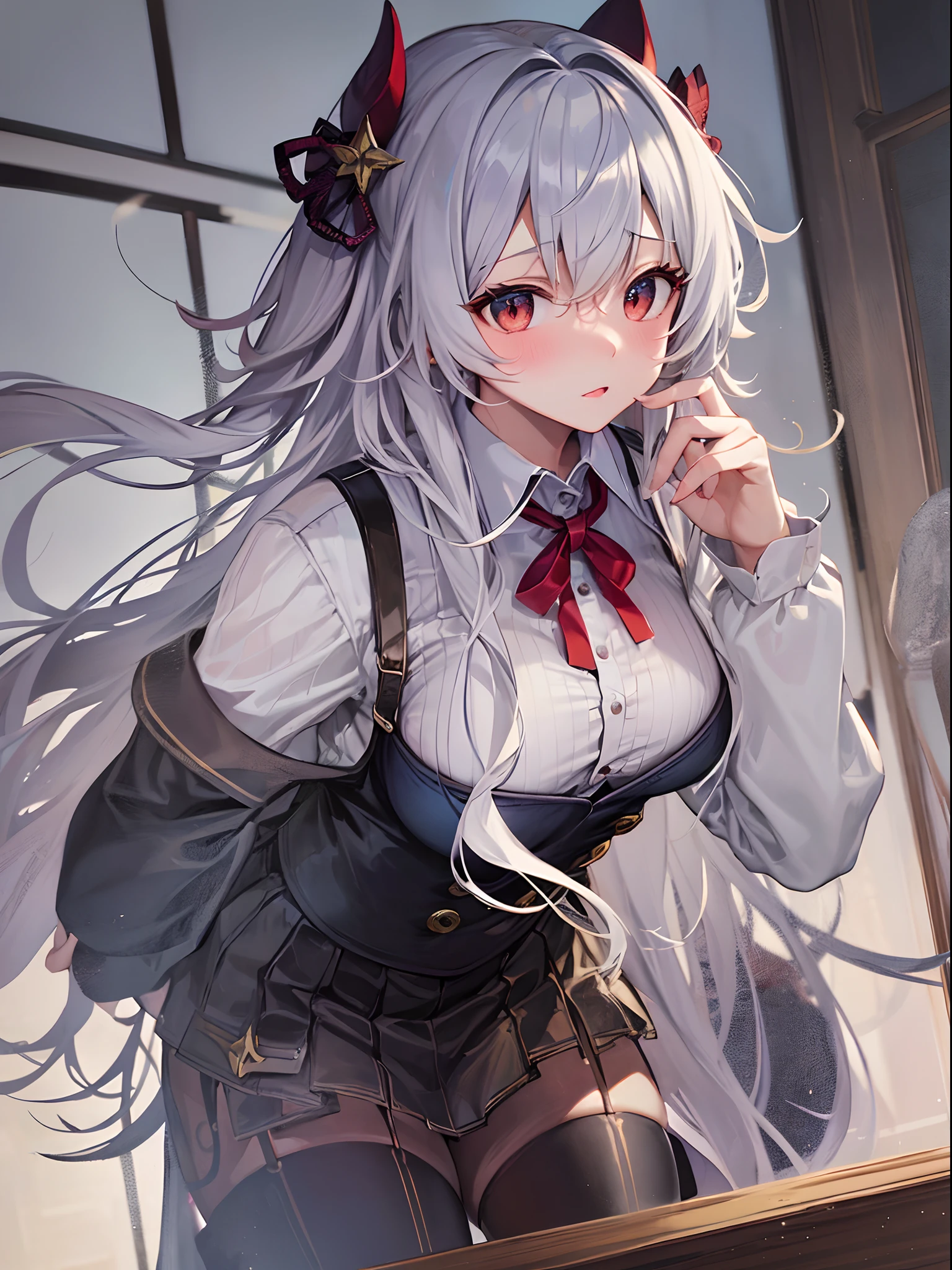 Best Quality, ultra-detailliert, Illustration, silber hair, Aimei，The long-haired，cute  face，beutiful breast，turned around，Suspender Skirt，long-sleeve，Dark blue skirt，neck tie，Close，Angle to show off breasts，finely detail，Perfect fingers，Low exposure，long-sleeve，leaning down，red blush，embarrassed from，Bring your face closer，One-person viewpoint，