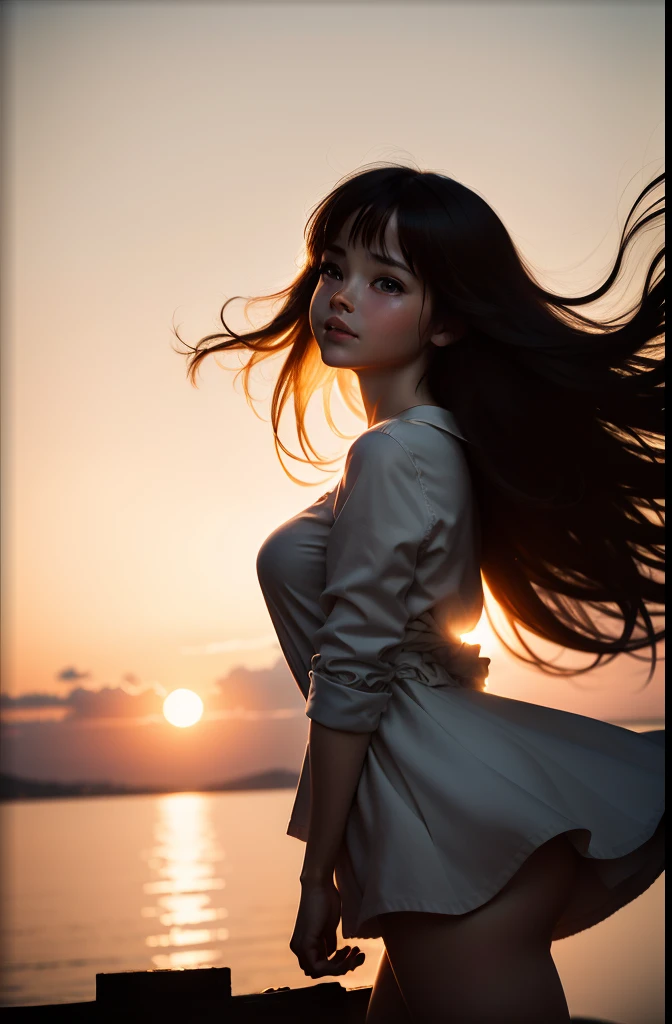 masterpiece, best quality, movie still, 1girl, cloud girl, floating in the sky, close-up, bright, happy, warm soft lighting, sunset, (sparks:0.7)