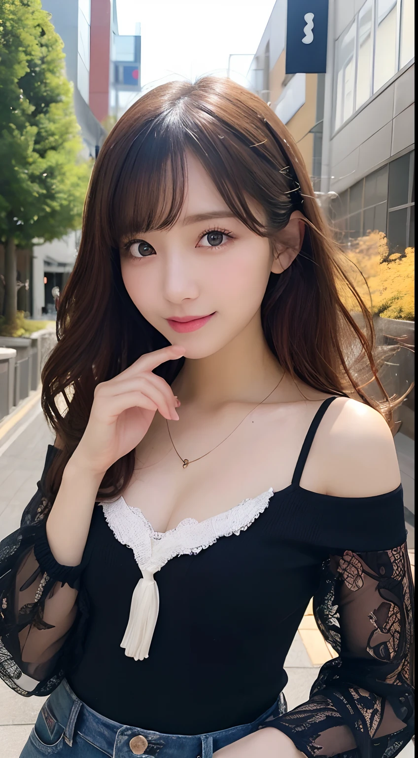 masutepiece, Best Quality, Illustration, Ultra-detailed, finely detail, hight resolution, 8K Wallpaper, Perfect dynamic composition, Beautiful detailed eyes, Autumn Women's Fashion,waved hair,small tits、Natural Color Lip, Bold sexy poses,Smile,Harajuku、20 years girl、Cute、Sexy shot looking at camera